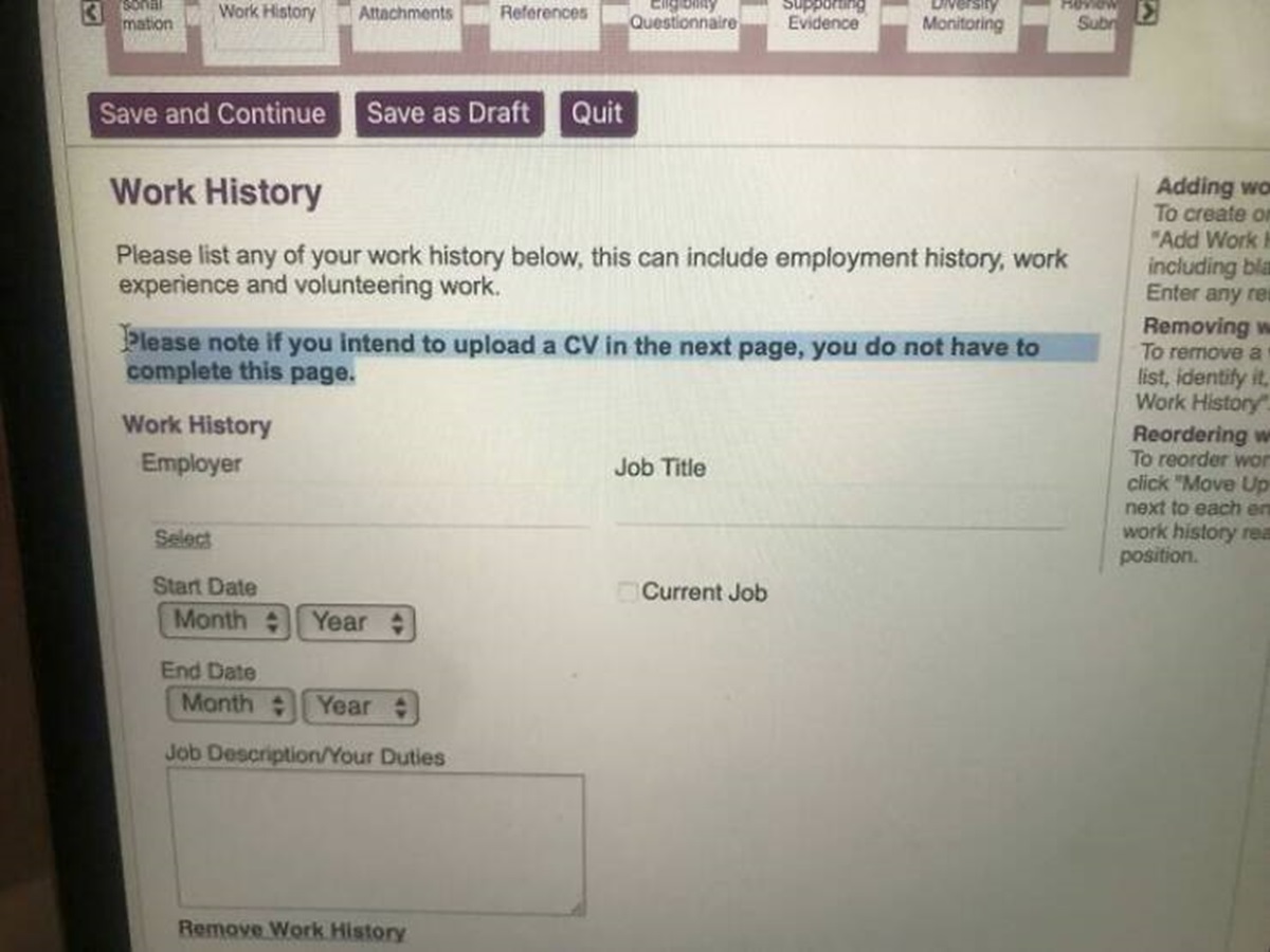 display device - 3sonal mation Work History Attachments References Eligibility Questionnaire Supporting Evidence Diversity Monitoring Review Subr > Save and Continue Save as Draft Quit Work History Please list any of your work history below, this can incl