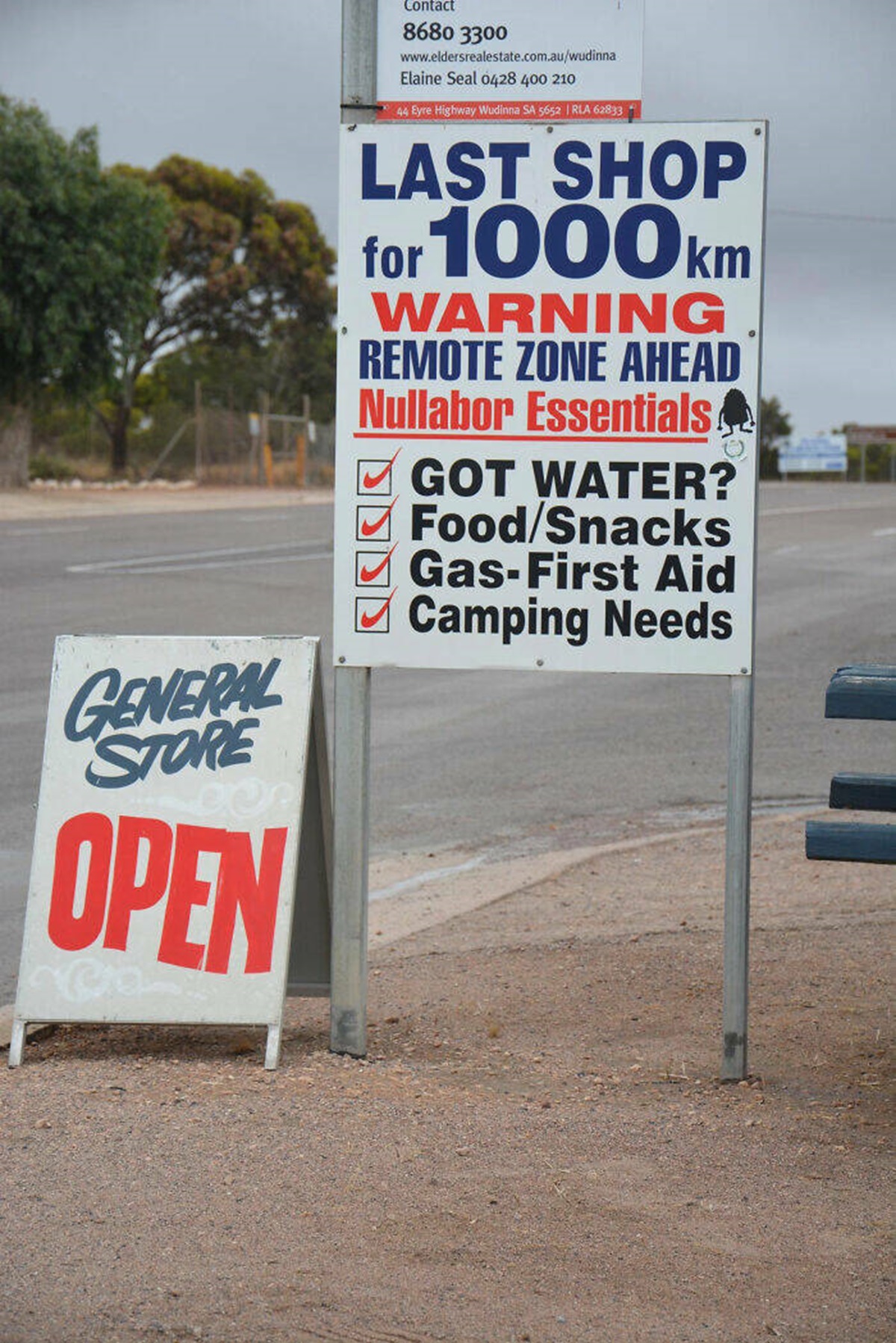 banner - General Store Open 8680 3300 Last Shop for m Warning Remote Zone Ahead Nullabor Essentials Ssss Got Water? FoodSnacks GasFirst Aid Camping Needs