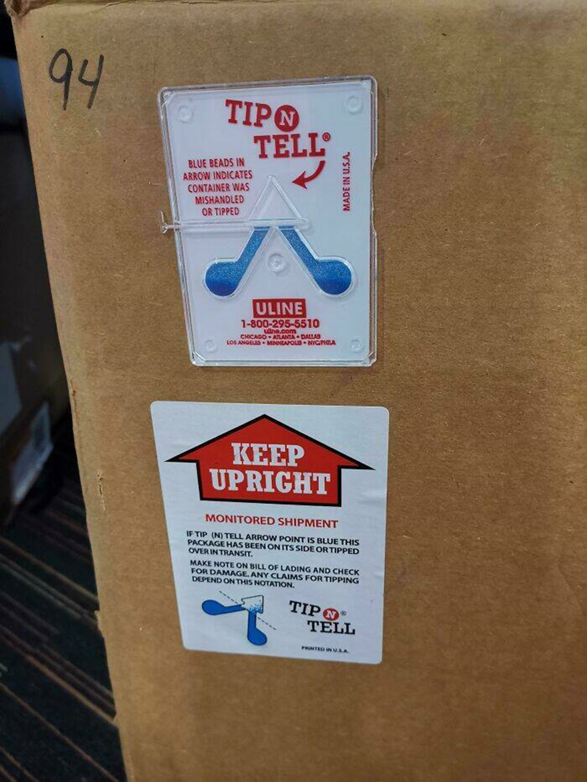 Sticker - 94 Tip Blue Meads In Arrow Indicates Container Was Mishandled Orted Tell Van Uline 18002955510 Keep Upright Monitored Shipment Tp Intell Arrow Point Th Package Has Been On Its Side Orted Over Nut Make Note On Wal Of Lading And Check For Damage A