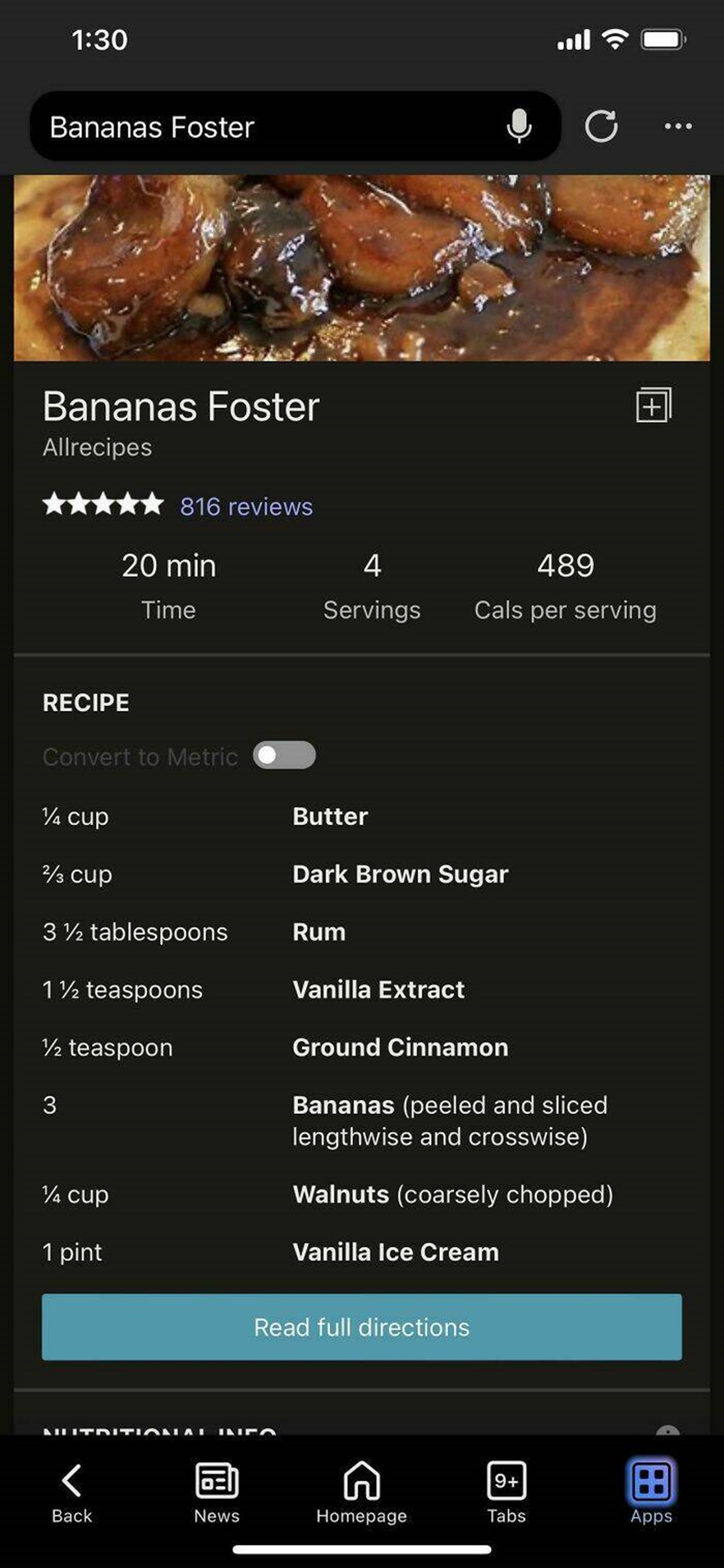 screenshot - Bananas Foster Bananas Foster Allrecipes 816 reviews 20 min Time 0 489 Servings Cals per serving Recipe Convert to Matso 14 cup Butter cup Dark Brown Sugar 3 tablespoons Rum 1 teaspoons Vanilla Extract teaspoon 3 1 cup 1 pint Ground Cinnamon 