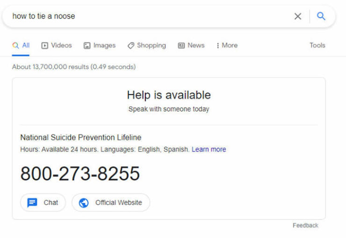 screenshot - how to tie a noose QAll Videos Images About 13,700,000 results 0.49 seconds Shopping News More Help is available Speak with someone today National Suicide Prevention Lifeline Hours Available 24 hours. Languages English, Spanish. Learn more 80