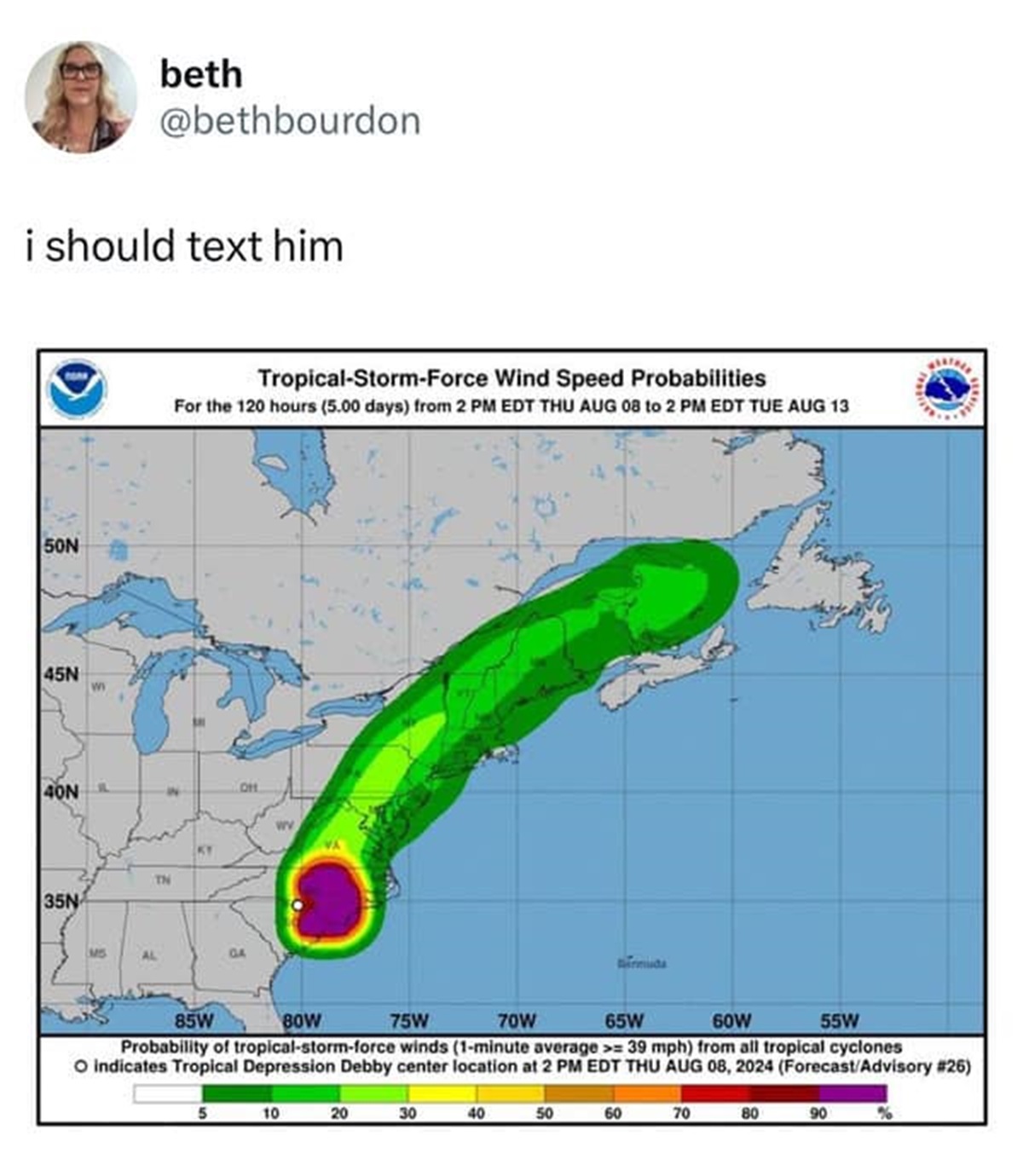 Weather - beth i should text him 50N 45N 40N E Tn 35N TropicalStormForce Wind Speed Probabilities For the 120 hours 5.00 days from 2 Pm Edt Thu Aug 08 to 2 Pm Edt Tue Aug 13 85W 80W 75W 70W innuda 65W 60W 55W Probability of tropicalstormforce winds 1minut