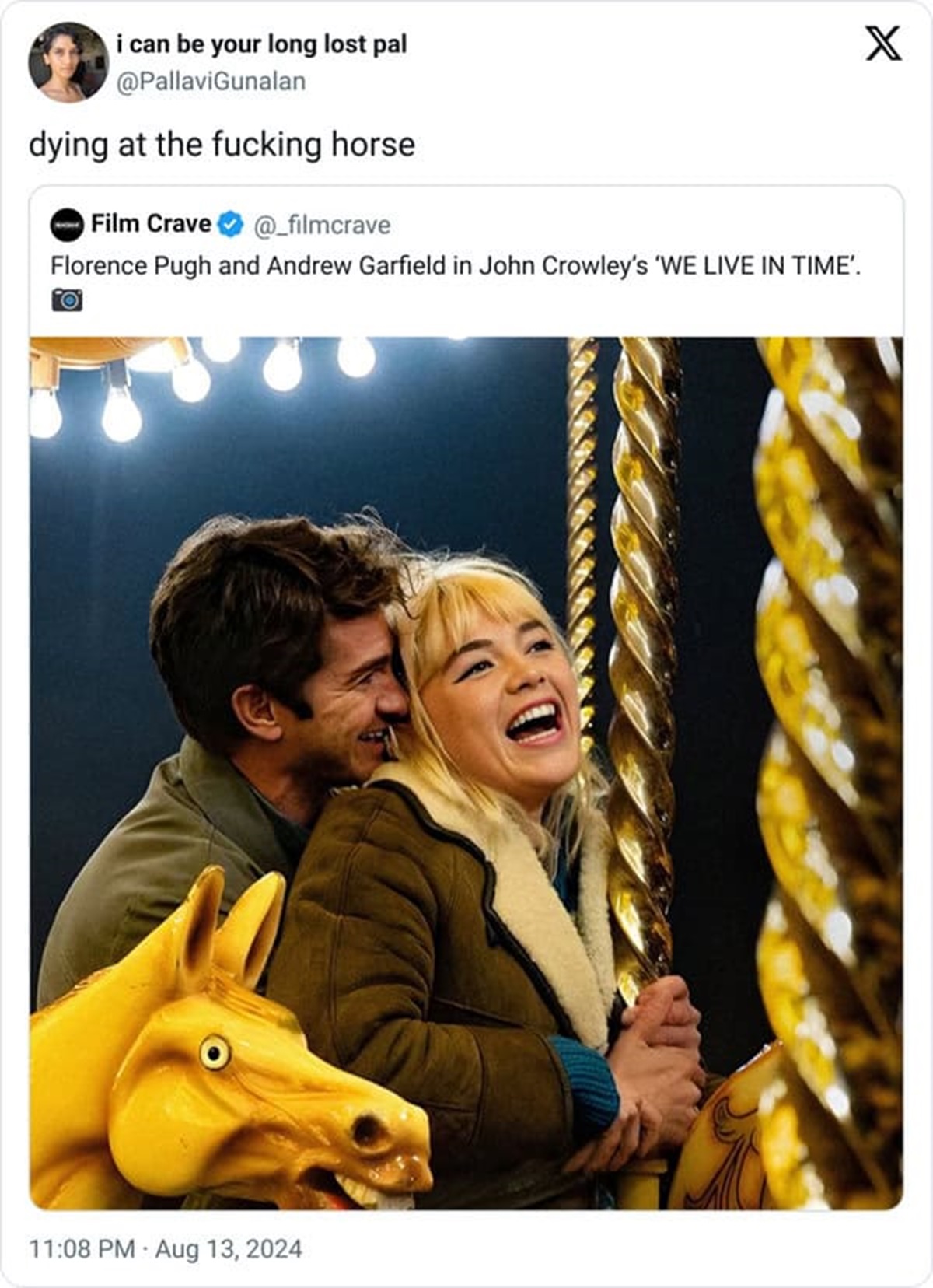 Florence Pugh - i can be your long lost pal dying at the fucking horse Film Crave Florence Pugh and Andrew Garfield in John Crowley's 'We Live In Time'. X