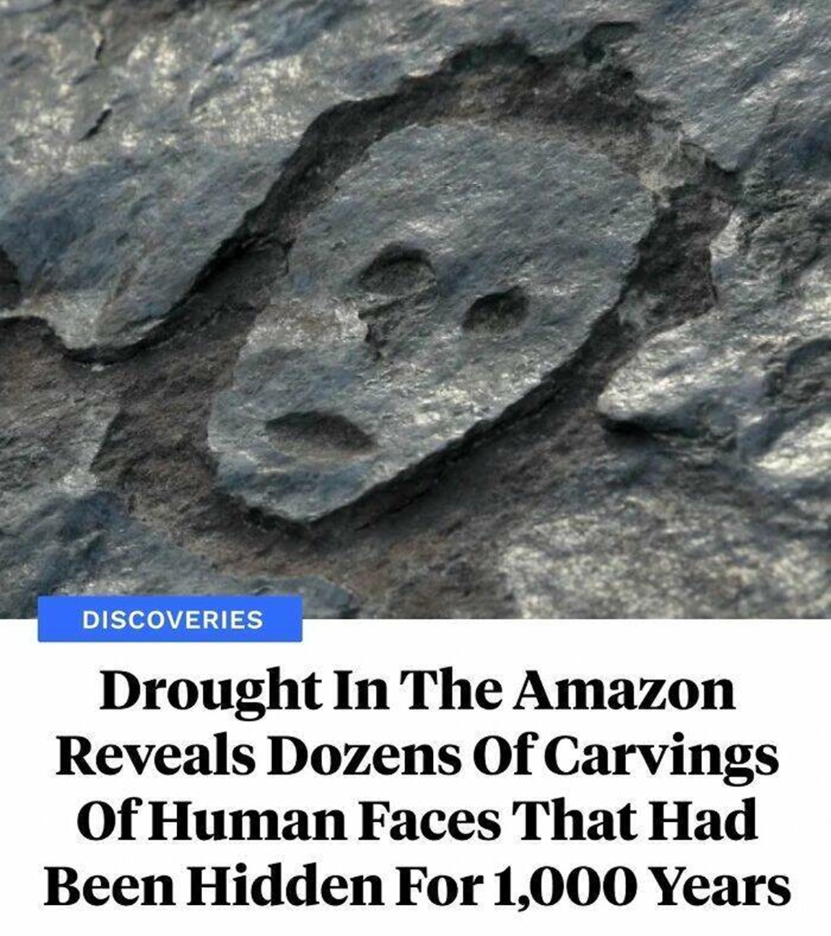 "Drought In The Amazon Reveals Dozens Of Carvings Of Human Faces That Had Been Hidden For 1,000 Years"

"As extreme drought in Brazil causes the Amazon's water levels to drop to historic lows, dozens of ancient rock carvings have been revealed on previously submerged rocks along the river's banks. Carved between 1,000 and 2,000 years ago, these haunting engravings of anthropomorphic faces vary in shape, size, and expression, while their original purpose and meaning remain shrouded in mystery."