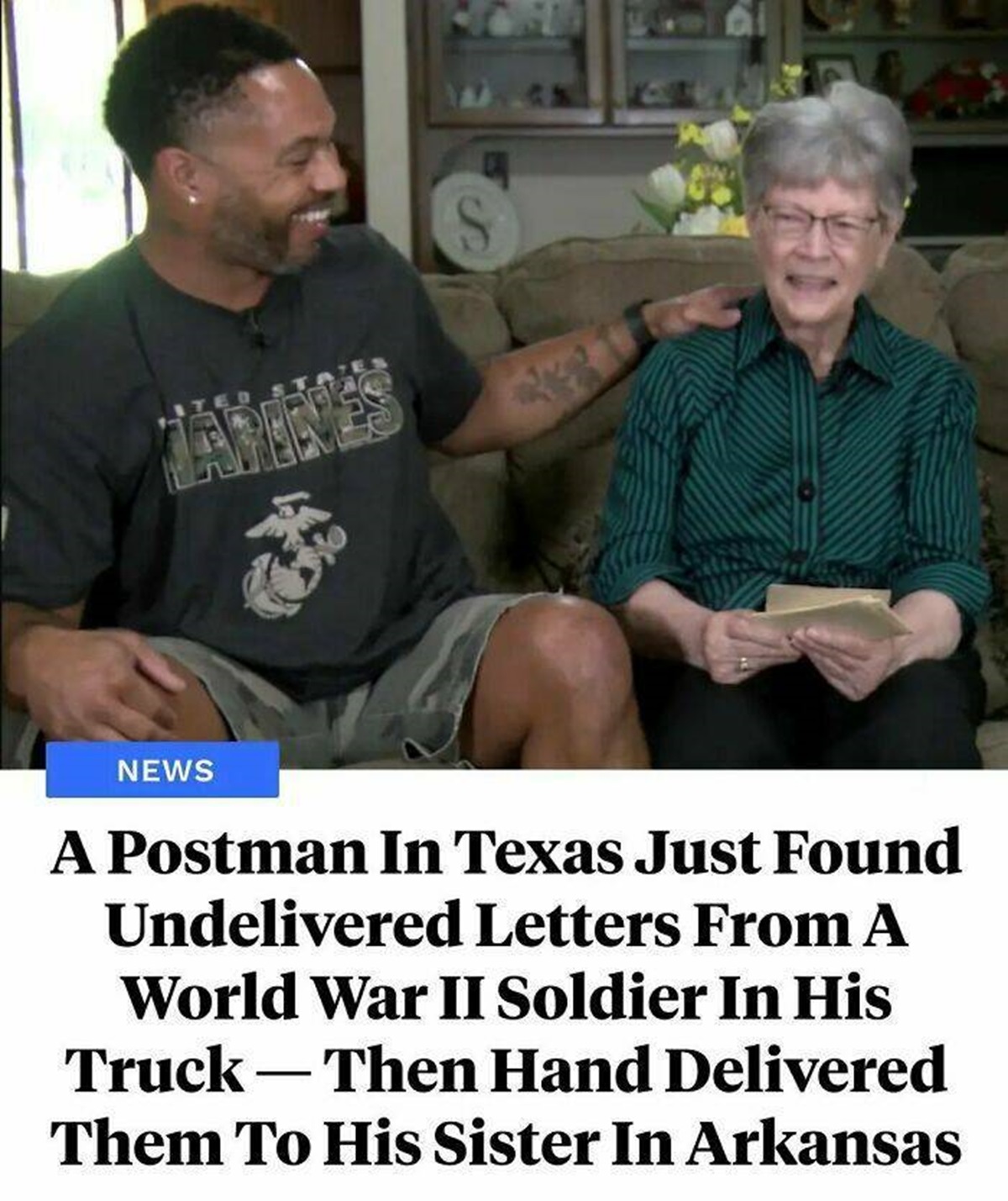 "A Postman In Texas Just Found Undelivered Letters From A World War II Soldier In His Truck-Then Hand Delivered Them To His Sister In Arkansas"

"A postman in Texas named Alvin Gauthier was recently looking through the parcel bin in his truck when he came across a Christmas card sent in 1944. Soon, he discovered a series of other undelivered letters sent between 1942 and 1944, all written by the same man, a soldier named Marion Lamb who was stationed overseas during World War II. A Marine Corps veteran of the Iraq War, Gauthier immediately knew that he had to track down Lamb's family and put these letters in their hands.⁠

On his day off and using his own money, Gauthier then spent five hours making the 379-mile drive to the home of Lamb's sister, Jo Ann Smith, in Jacksonville, Arkansas. Soon after Gauthier arrived at Smith's front door, she hugged him, broke down in tears, and read the words her brother had written 80 years before. "I could have stuck them in the mail, but it's kinda like sometimes you have to go above and beyond," Gauthier said. "Just go the extra mile ... or 379 miles."⁠"