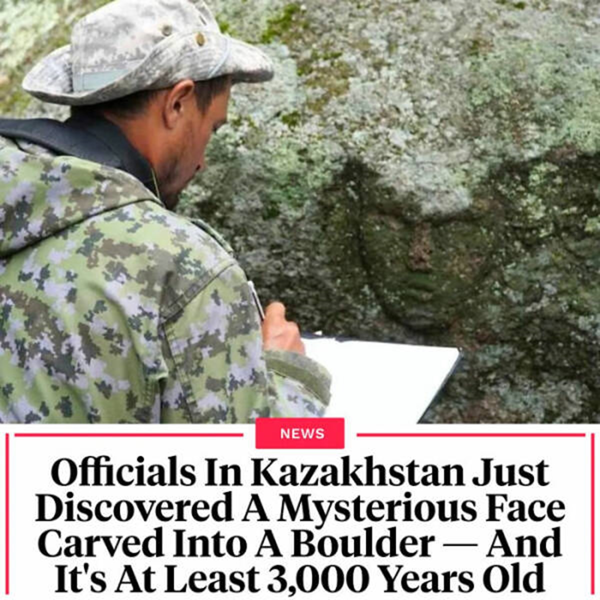 "Employees From Kazakhstan's Emergency Situations Department Were Recently Performing Routine Inspections In The Country's Akmola Region When They Stumbled Upon A Bizarre Sight"

"A human face carved into a granite boulder. The carving is about the size of a sheet of paper and dates back at least 3,000 years, but it may be even older. Experts believe that the site was part of a ritual complex during the Bronze Age or early Iron Age, but they're still uncovering more about this "incredibly rare" discovery"