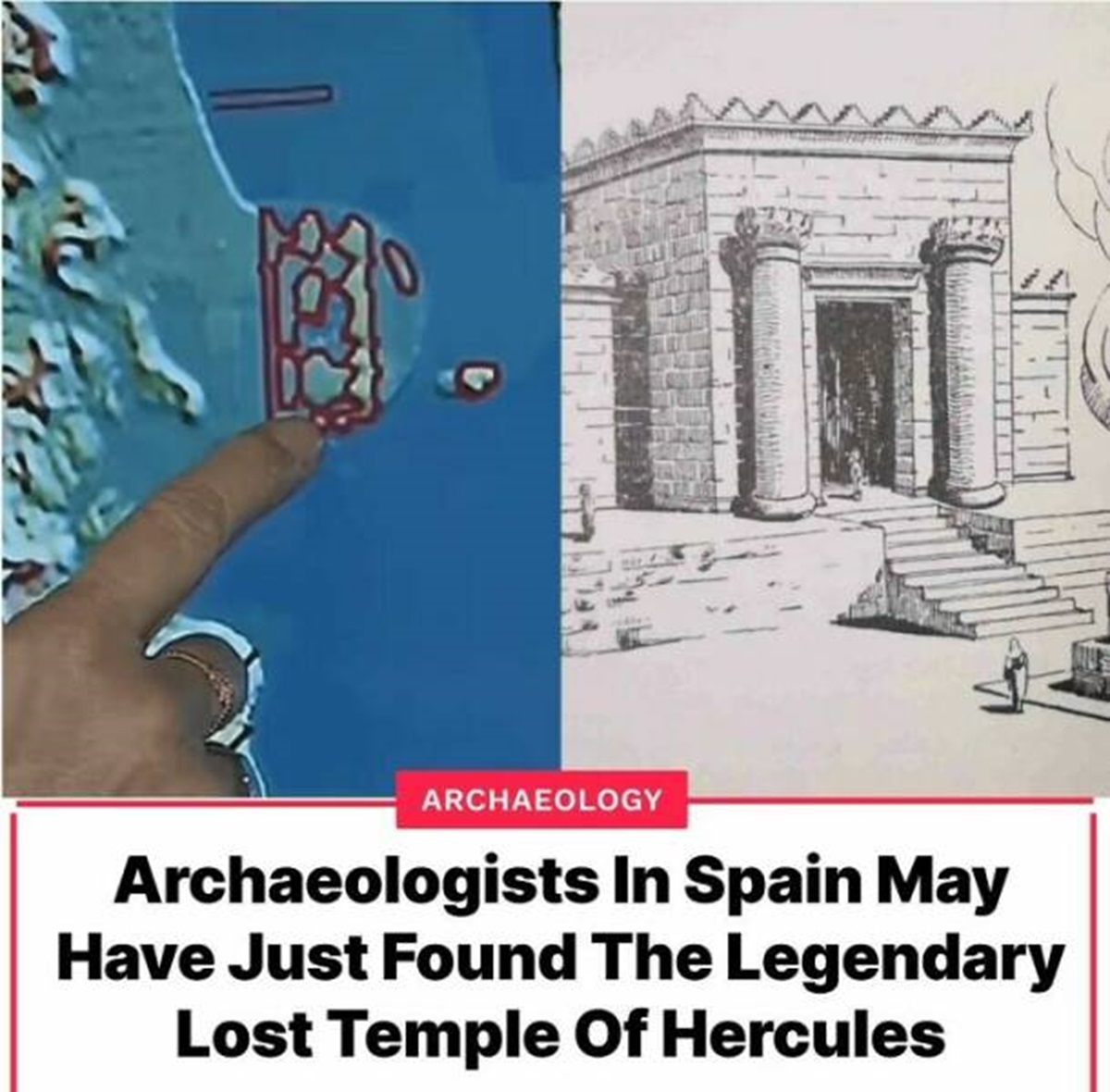 "Archaeologists In Spain May Have Just Found The Legendary Lost Temple Of Hercules"

"Ricardo Belizón, a graduate student in southern Spain, was studying topographic maps of the Bay of Cádiz last year when he noticed an intriguing shape just off the coast. Under the waters of Caño de Sancti Petri, he noted a roughly 1,000 by 500-foot structure — and he believes it may be the lost Temple of Hercules. Long regarded as a "holy grail" for archaeologists, many ancient Greek and Roman leaders traveled to this site to pray for strength some two millennia ago."