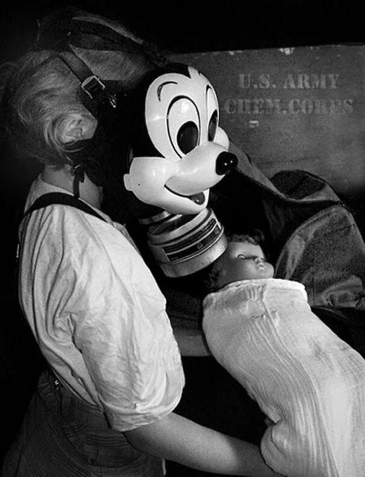 kids wearing mickey mouse gas masks ww2 - U.S. Army Chem.Cores