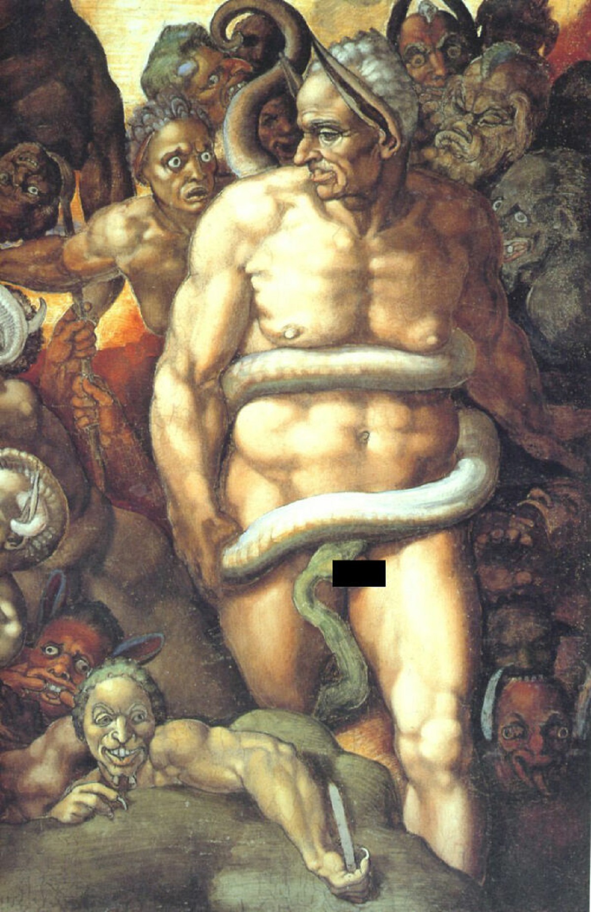 While Michelangelo was painting the Last Judgement, Papal MC Biagio de Cesana spied on his work. And complained that it was not worthy of the Sistine Chapel. In response Michelangelo painted Biagio into the fresco, as the depiction of Minos being dragged to Hell with a snake biting his p*nis.