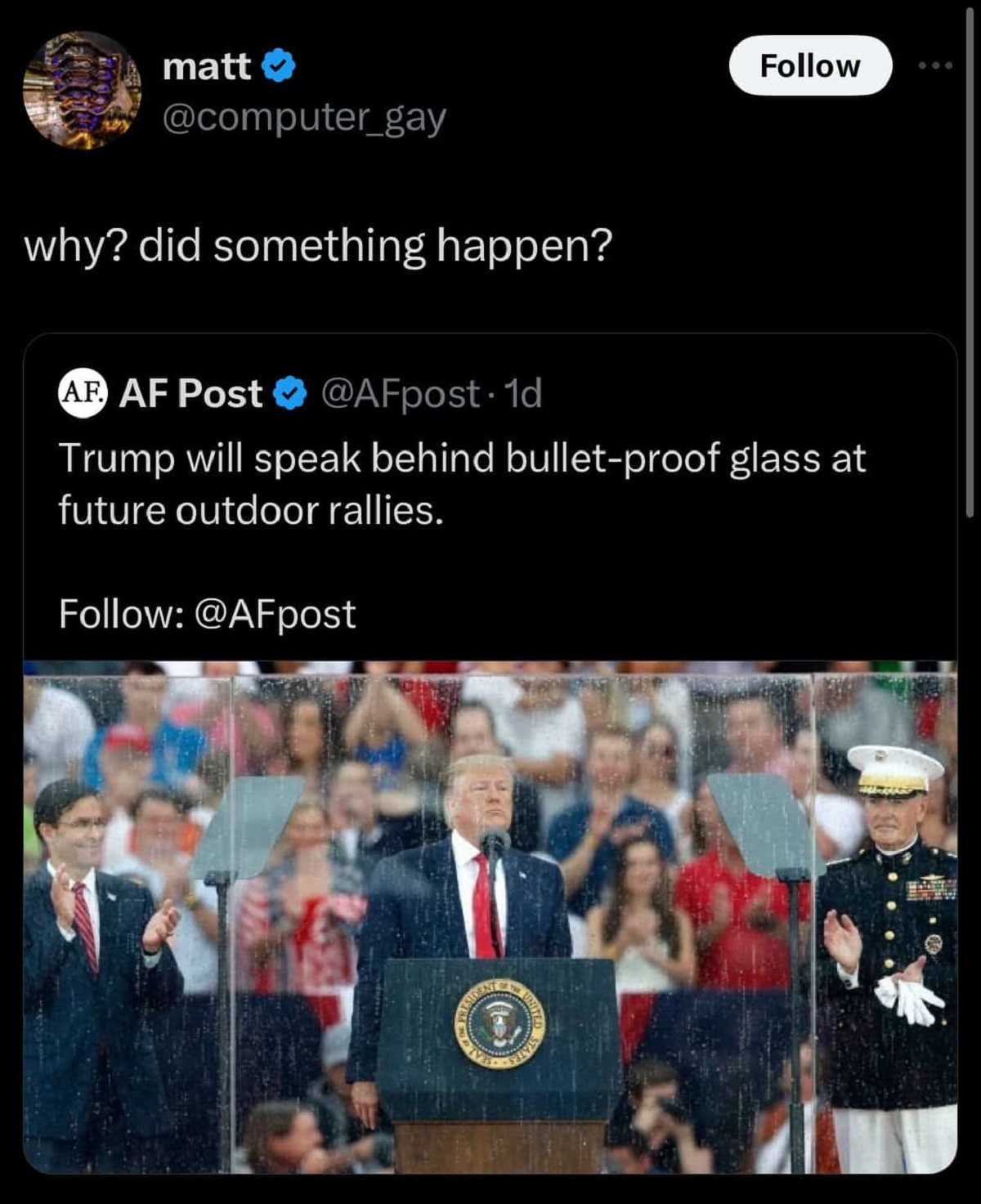 funny comments and savage replies - trump 4th july speech - matt >> why? did something happen? Af Ap Af Post . 1d Trump will speak behind bulletproof glass at future outdoor rallies. Sident 53191