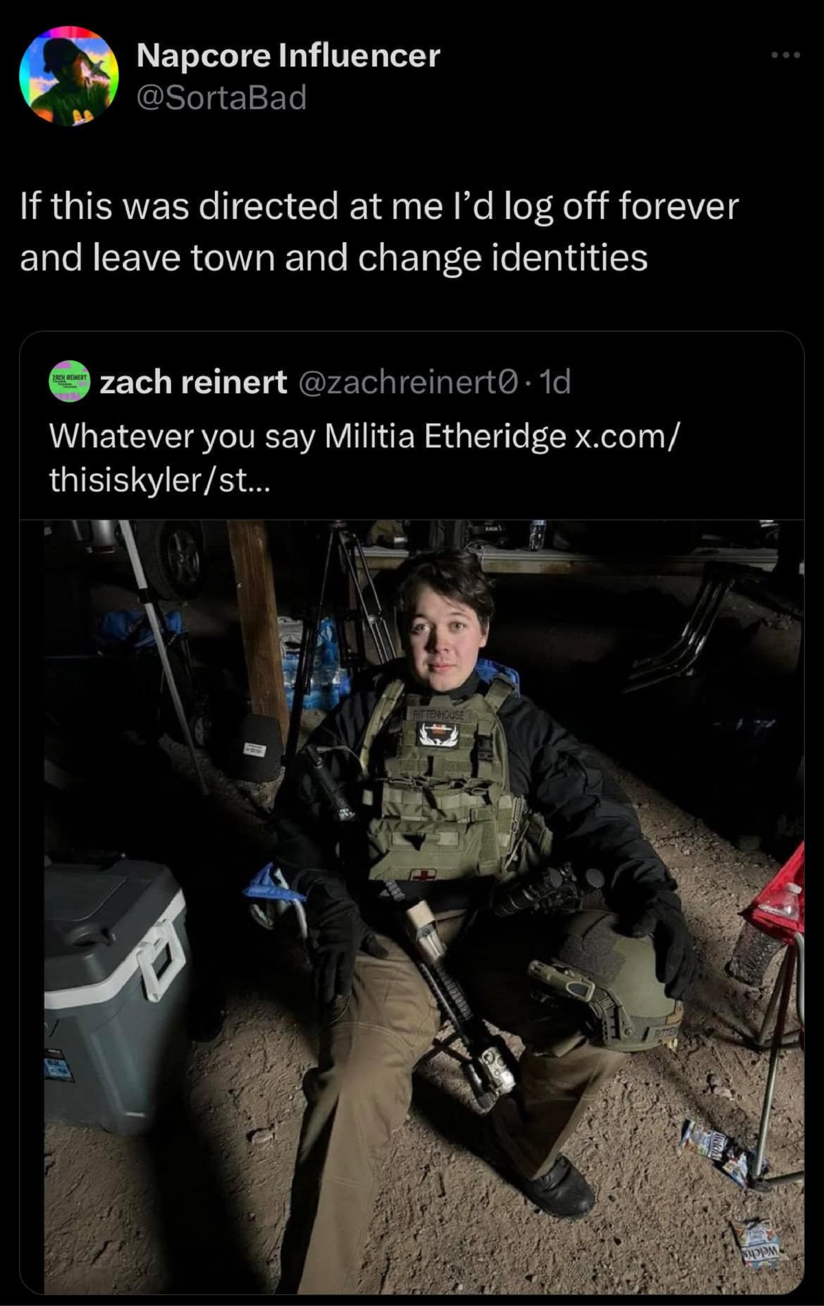 funny comments and savage replies - Kyle Rittenhouse - Napcore Influencer If this was directed at me I'd log off forever and leave town and change identities zach reinert .1d Whatever you say Militia Etheridge x.com thisiskylerst...