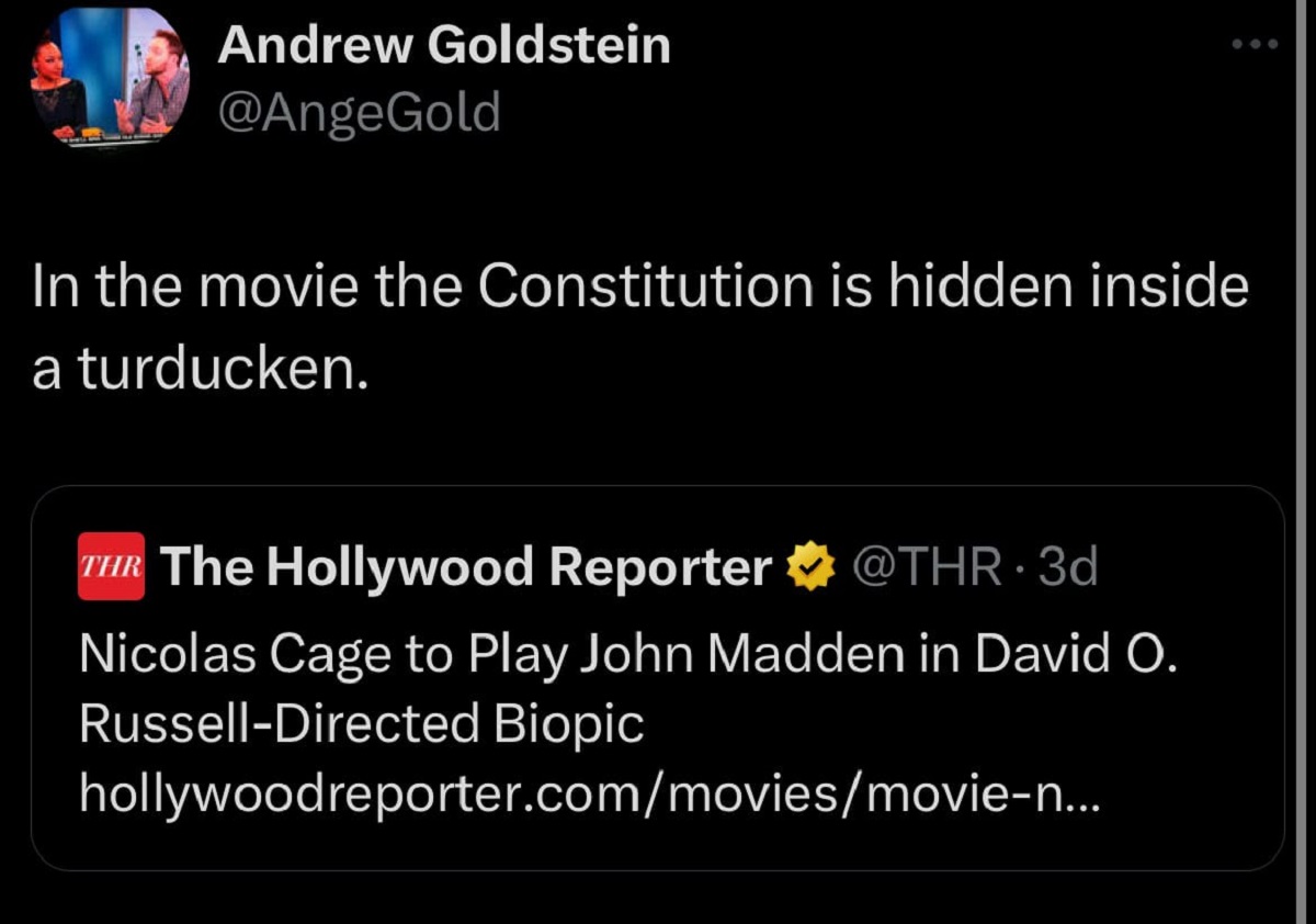 funny comments and savage replies - screenshot - Andrew Goldstein In the movie the Constitution is hidden inside a turducken. The The Hollywood Reporter Nicolas Cage to Play John Madden in David O. RussellDirected Biopic hollywoodreporter.commoviesmovien.