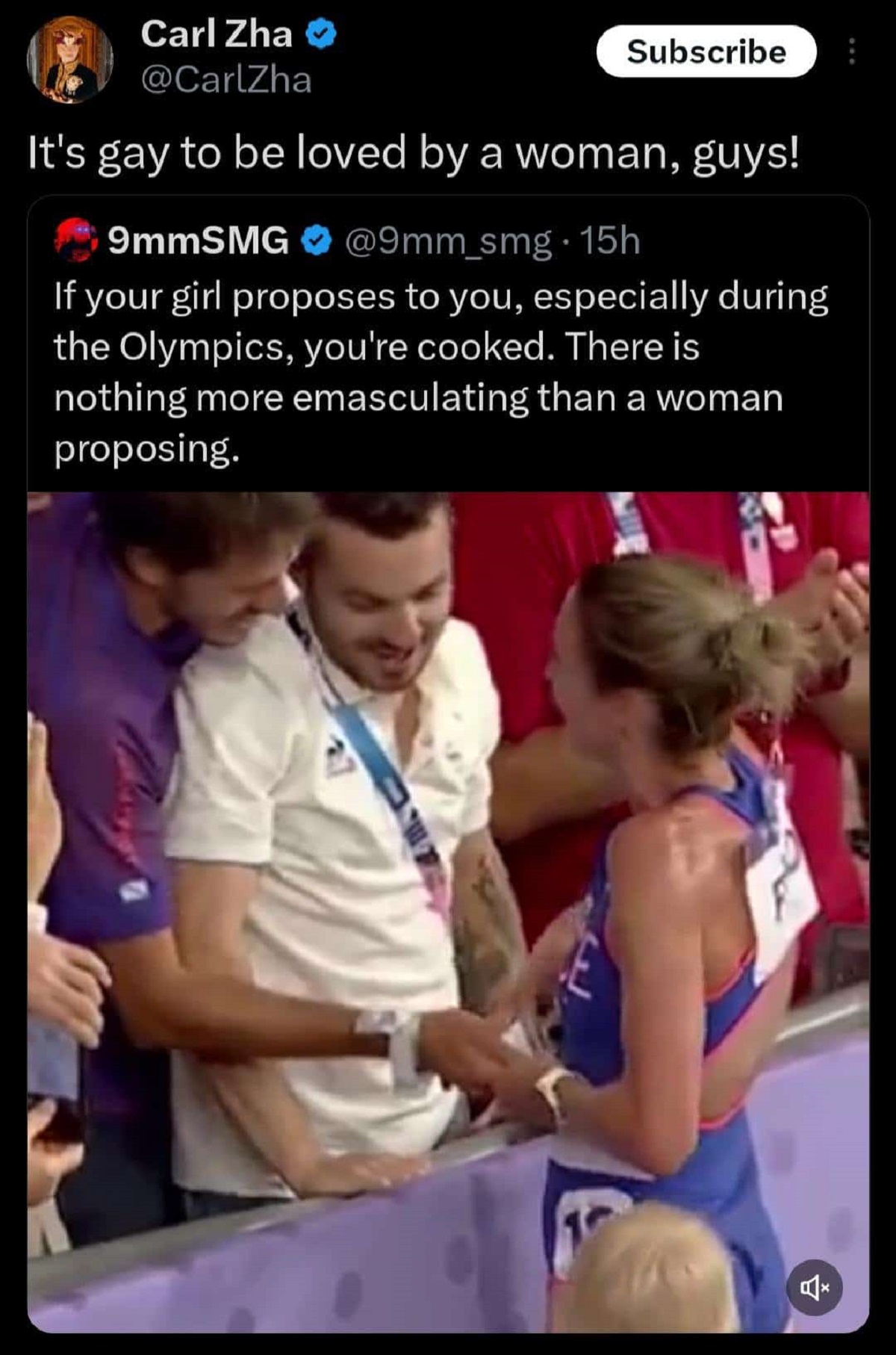 funny comments and savage replies - Alice Finot - Carl Zha Subscribe It's gay to be loved by a woman, guys! 9mmSMG .15h If your girl proposes to you, especially during the Olympics, you're cooked. There is nothing more emasculating than a woman proposing.