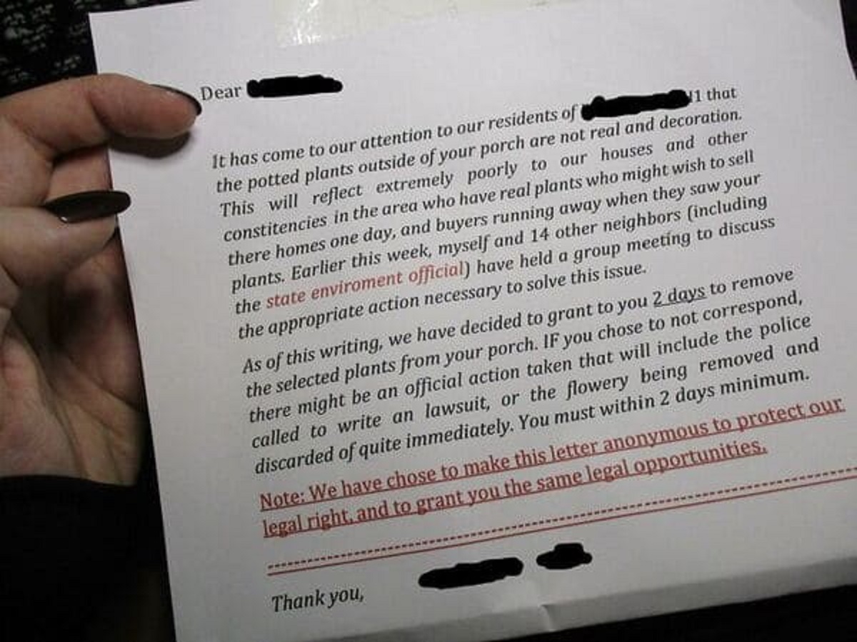 “This Poorly Written Letter From My Passive Aggressive Neighbor Telling Me To Remove My ‘Legally-Owned’ Plants From My Property”