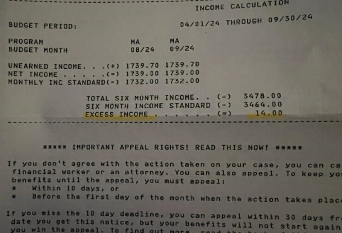 people having a very bad day -  document - Budget Period Program Budget Month Unearned Income. Ma 0824 Ma Income Calculation 040124 Through 093024 0924 . 1739.70 1739.70 Net Income .. 1739.00 1739.00 Monthly Inc Standard 1732.00 1732.00 Total Six Month In