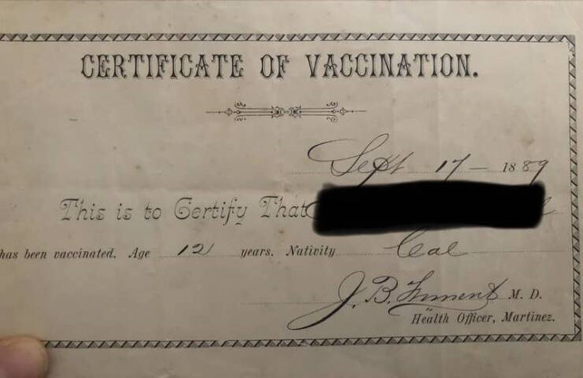 document - Certificate Of Vaccination. This is to Gertify That Seft 1718.57 has been vaccinated. Age 121 years. Nativity Ceal M. D. Health Officer, Martinez.