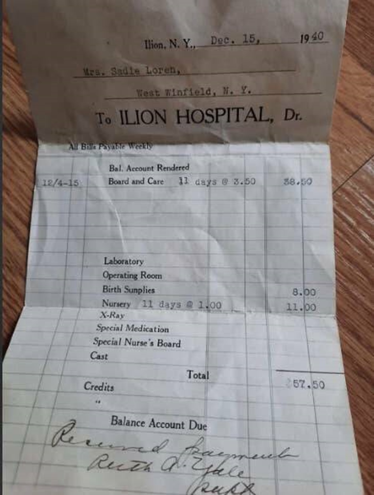 document - Ilion, N. Y., Dec. 15, 19.40 Mrs. Sadle Loren, West Winfield, N. Y. To Ilion Hospital, Dr. All Bille Payable Weekly 12415 Bal. Account Rendered Board and Care 13 days @ 3.50 38.50 Laboratory Operating Room Birth Sunplies 8.00 Nursery 11 days @ 