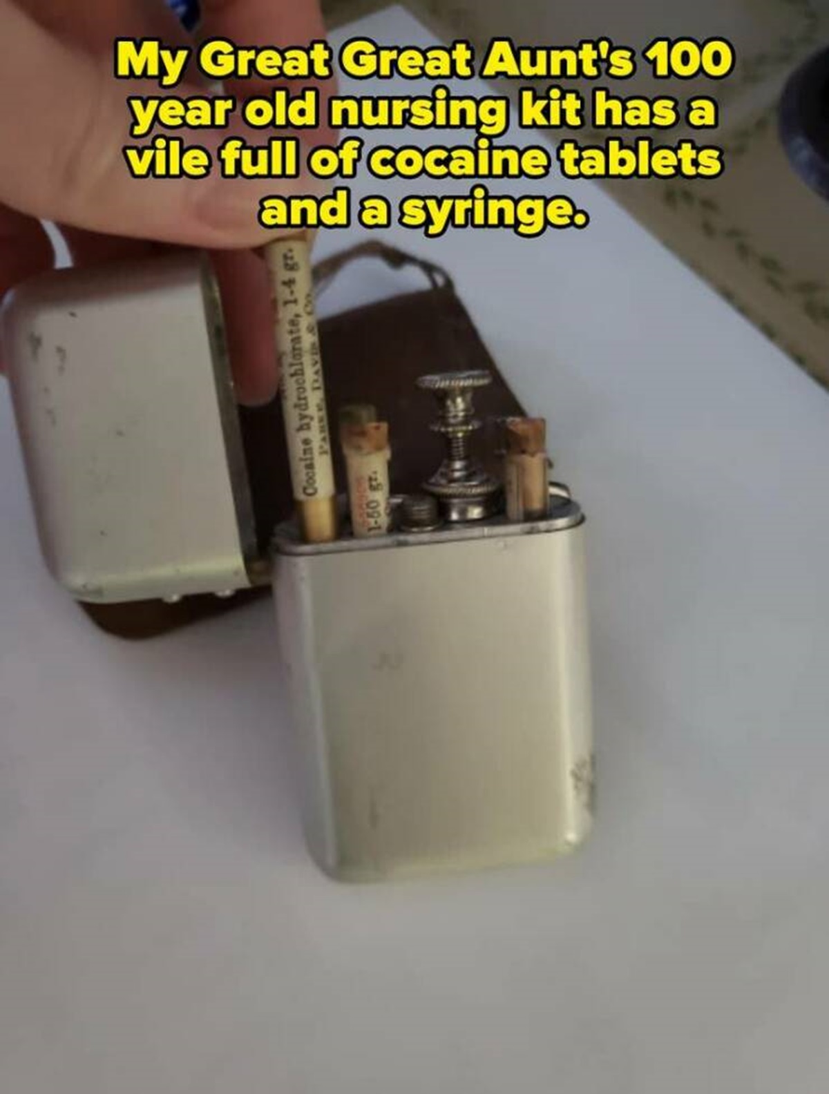 cosmetics - Cocaine hydrochlorate, 14 gr. Parke, Bavi & C 160 gr. My Great Great Aunt's 100 year old nursing kit has a vile full of cocaine tablets and a syringe.