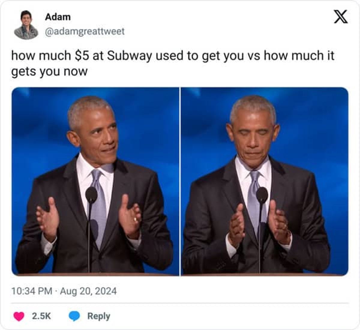 Internet meme - Adam how much $5 at Subway used to get you vs how much it gets you now X