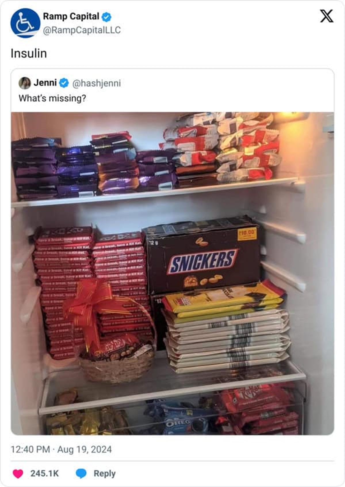 fridge full of chocolate - & Ramp Capital Insulin Jenni What's missing? 12 Snickers Oreo 10.00 X