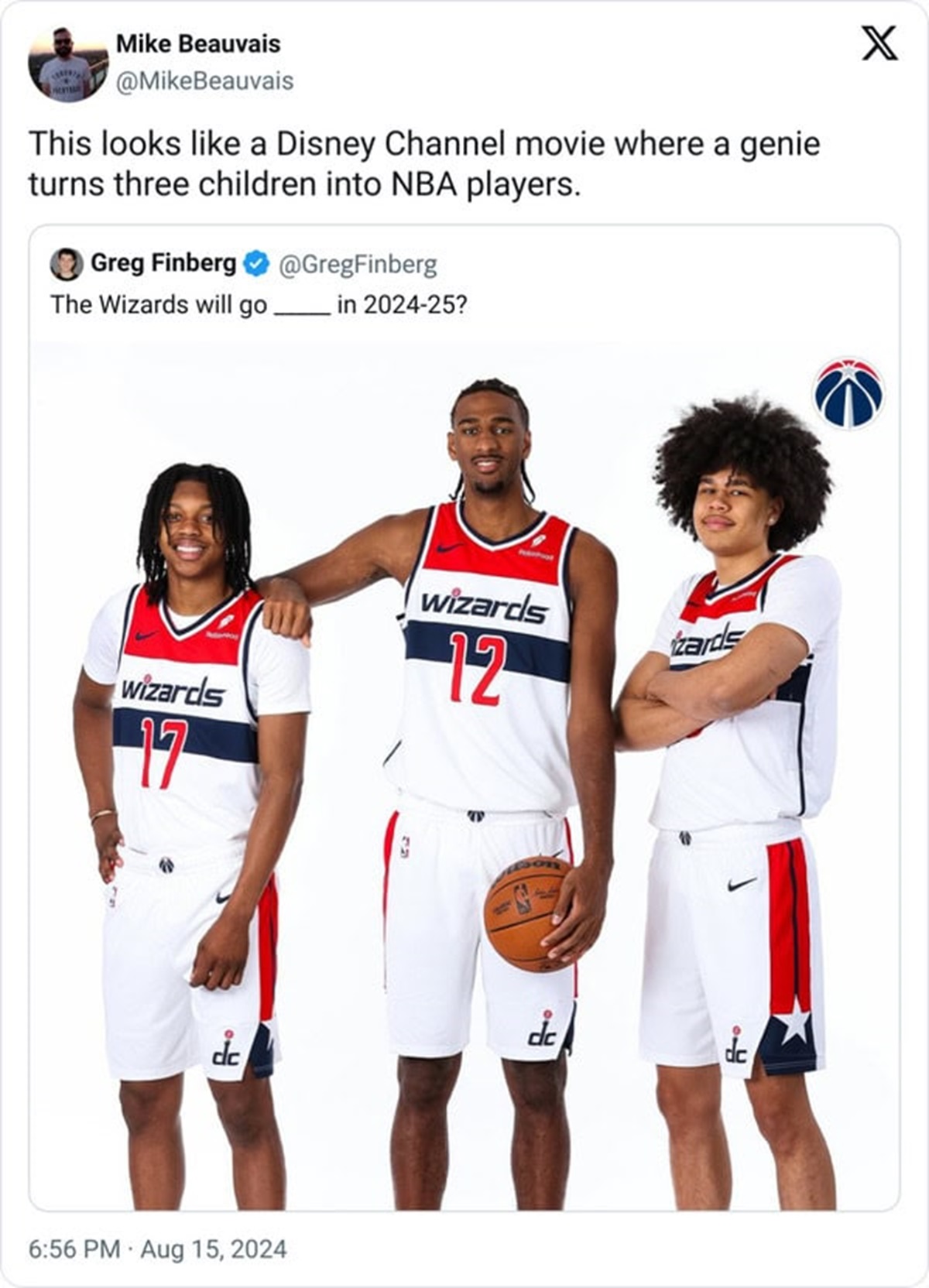 wizards rookies 2024 - Mike Beauvais This looks a Disney Channel movie where a genie turns three children into Nba players. Greg Finberg The Wizards will go in 202425? wizards 17 wizards 12 zards dc dc X