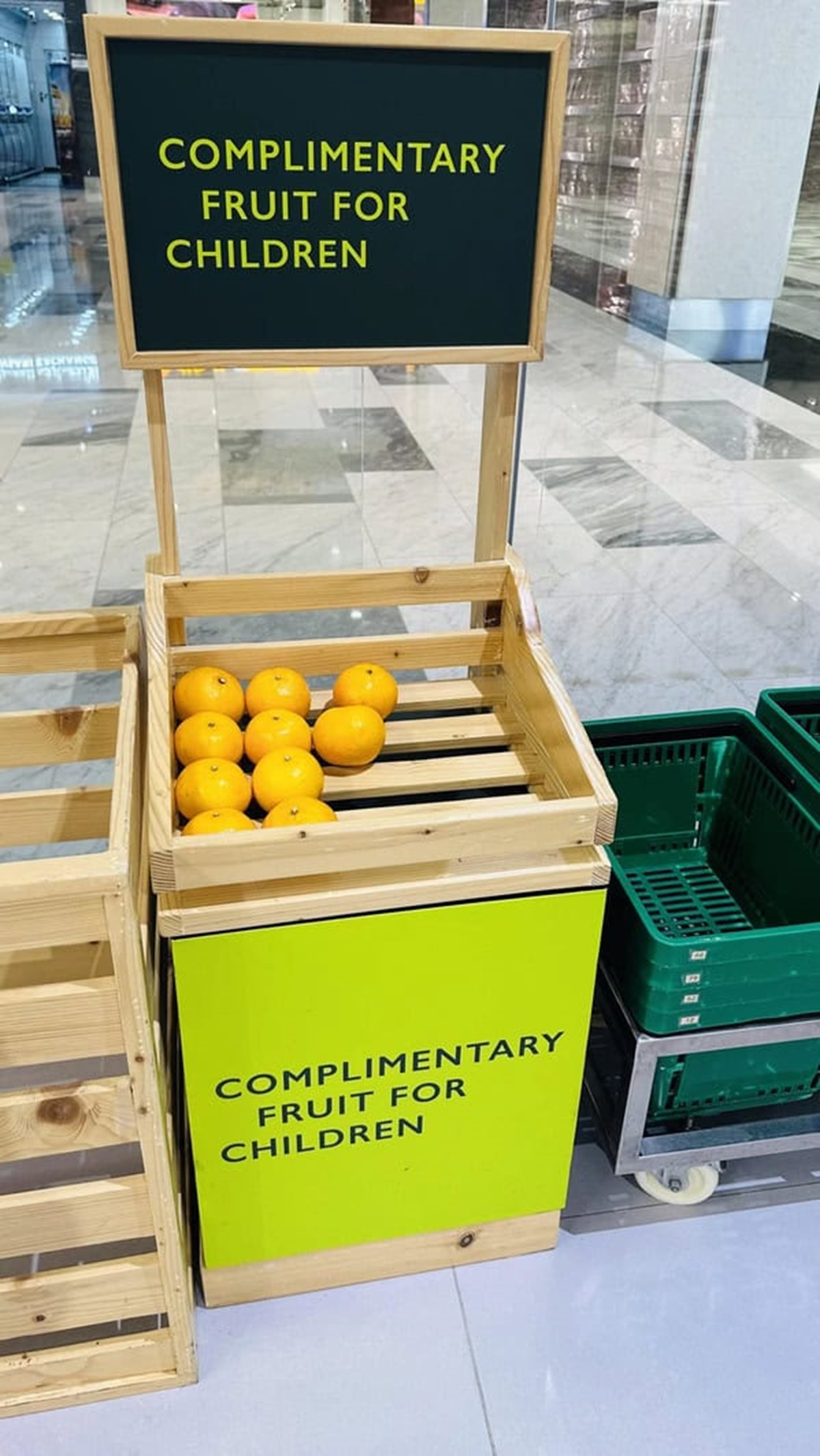 “Our local supermarket offers free fruits for children to snack while shopping.”