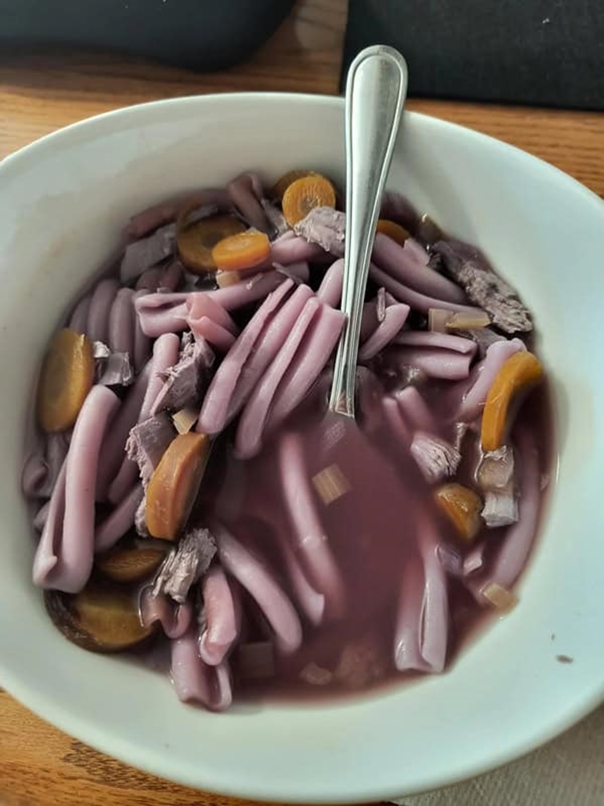 “I cooked chicken noodle soup with purple carrots. The purple leaked out and the carrots are orange while soup is now purple.”