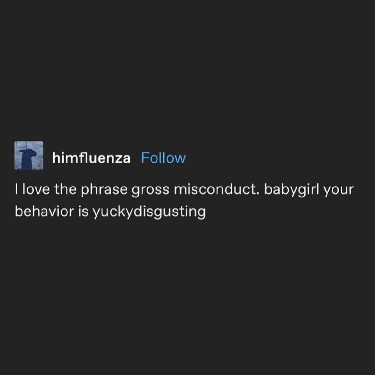 screenshot - himfluenza I love the phrase gross misconduct. babygirl your behavior is yuckydisgusting