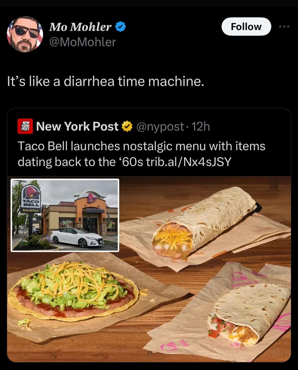 taco bell nostalgic menu - Mo Mohler It's a diarrhea time machine. 000 New York Post New York Post 12h Taco Bell launches nostalgic menu with items dating back to the '60s trib.alNx4sJSY Taco Bell Breakfast 3ds