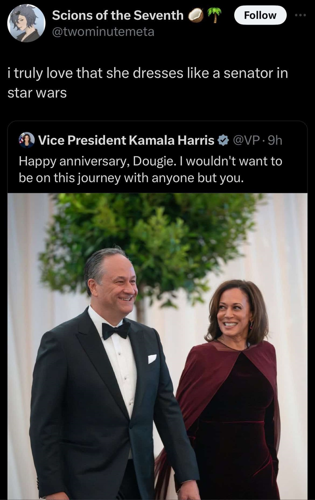 Kamala Harris - Scions of the Seventh 800 i truly love that she dresses a senator in star wars O Vice President Kamala Harris .9h Happy anniversary, Dougie. I wouldn't want to be on this journey with anyone but you.