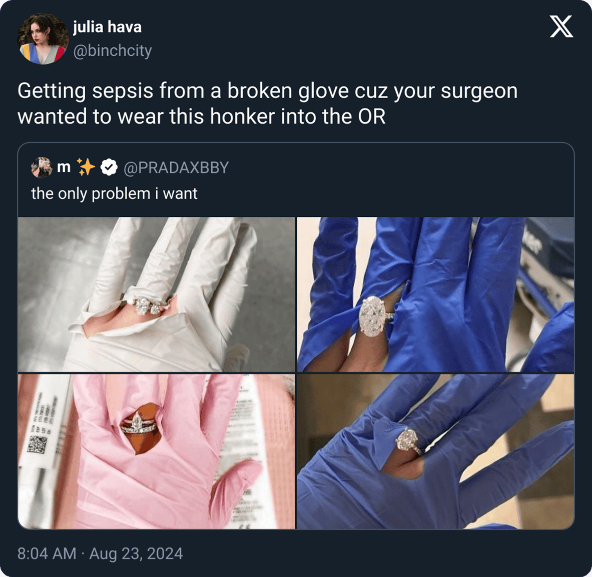 pajamas - julia hava Getting sepsis from a broken glove cuz your surgeon wanted to wear this honker into the Or m the only problem i want X