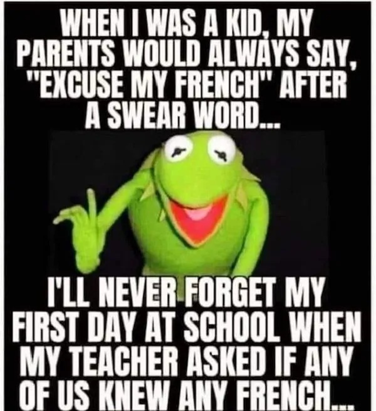 cartoon - When I Was A Kid, My Parents Would Always Say, "Excuse My French" After A Swear Word... I'Ll Never Forget My First Day At School When My Teacher Asked If Any Of Us Knew Any French...