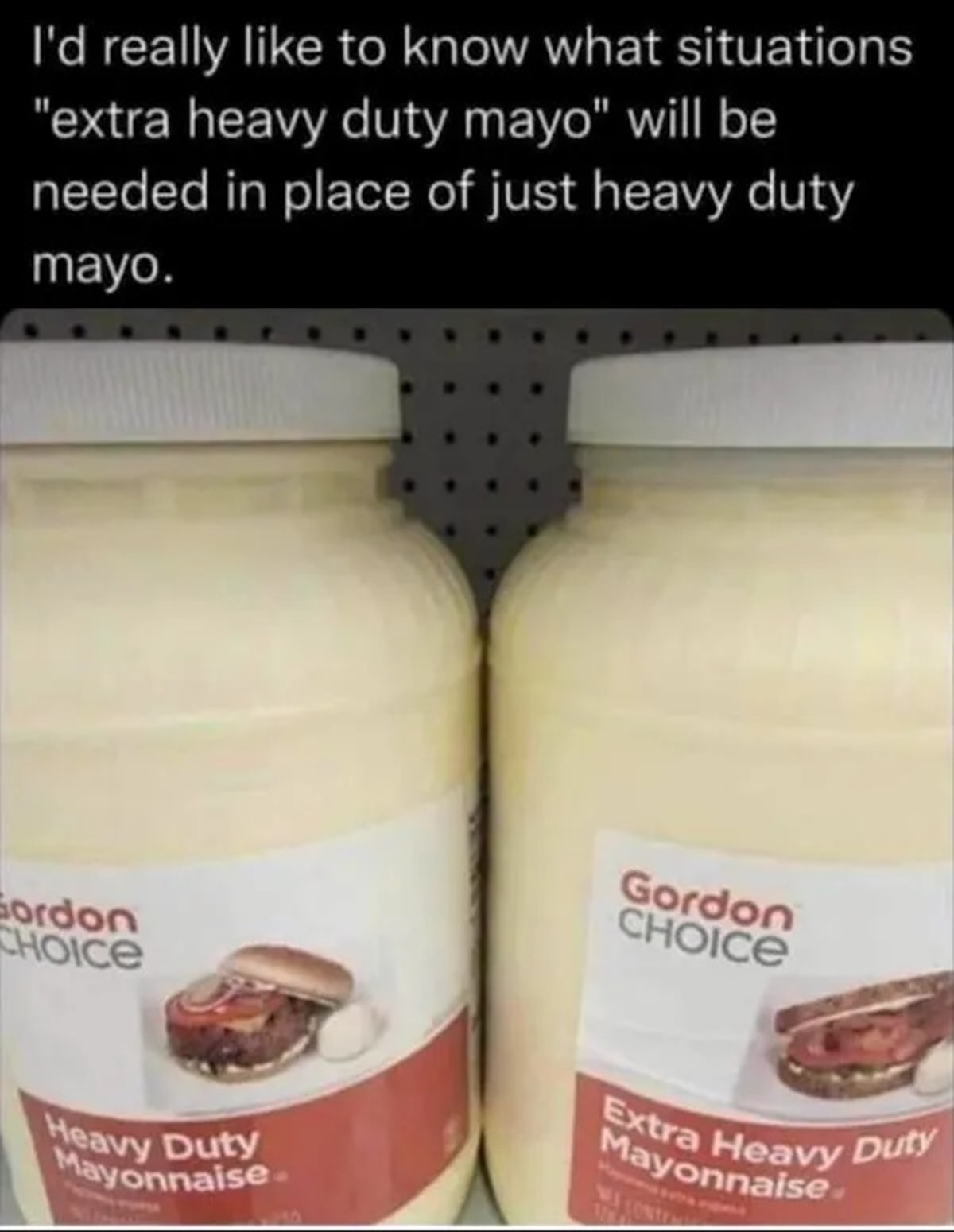 milk - I'd really to know what situations "extra heavy duty mayo" will be needed in place of just heavy duty mayo. Gordon Choice Gordon Choice Heavy Duty Mayonnaise 250 Extra Heavy Duty Mayonnaise