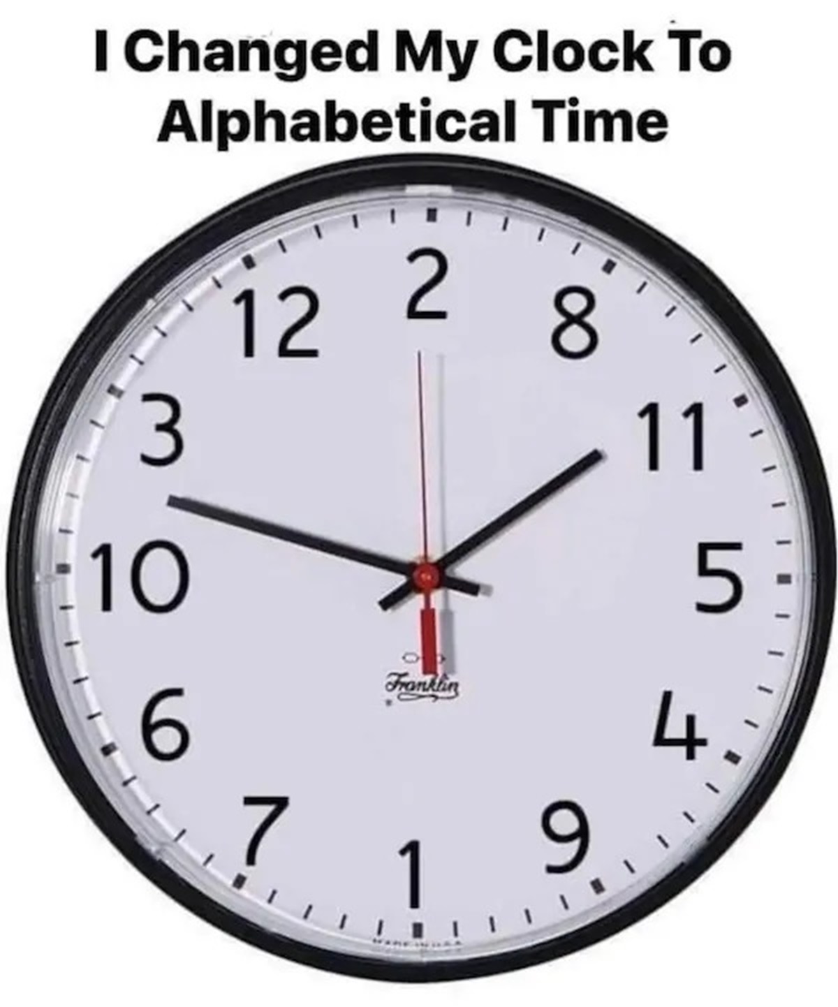 changed my clock to alphabetical time - I Changed My Clock To Alphabetical Time 3 10 6 12 7 2 . 8 Franklin 19 1 11 4 Ut