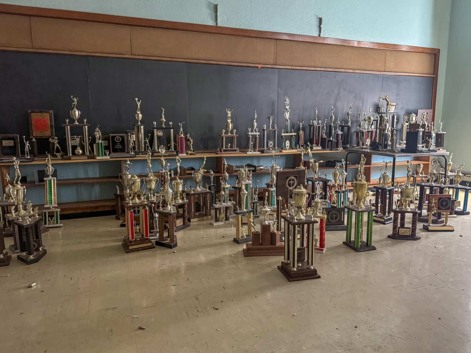 All of the trophies left behind in an abandoned school