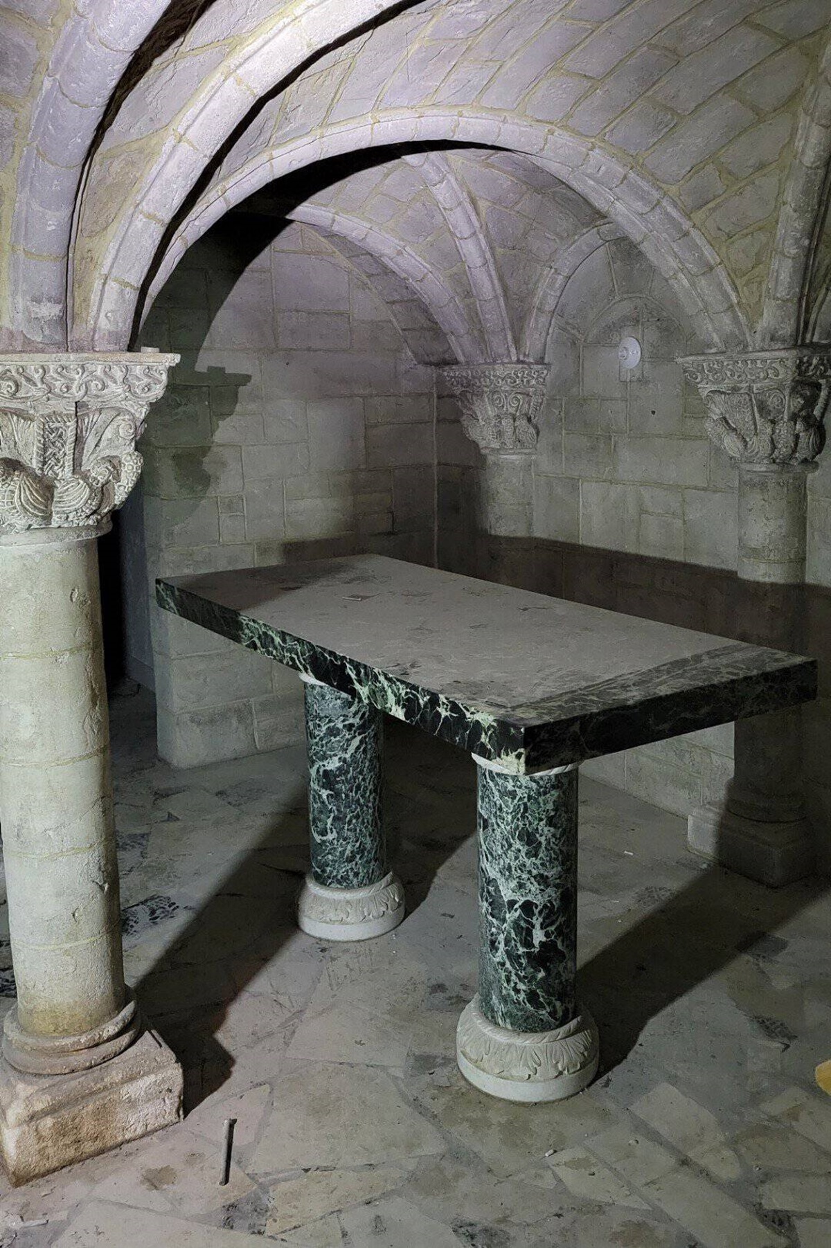 Marble table in a basement