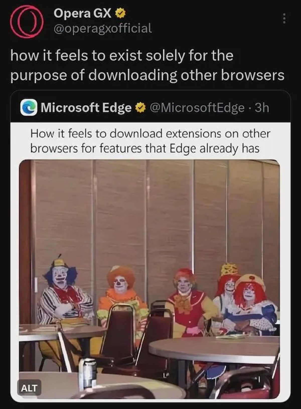 clowns sitting at table - O Opera Gx how it feels to exist solely for the purpose of downloading other browsers Microsoft Edge Edge. 3h How it feels to download extensions on other browsers for features that Edge already has Alt