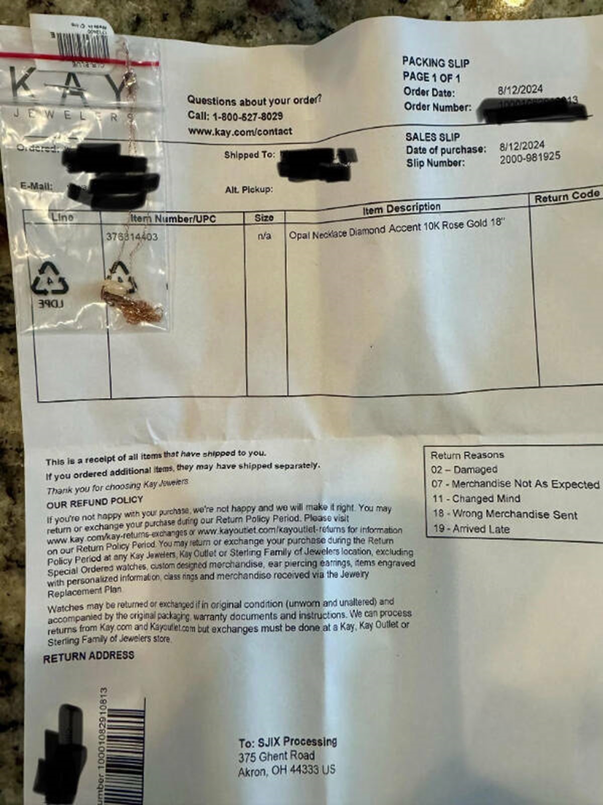 renault 6 - Jeweler Questions about your order? Call 18006278029 Shipped To Packing Slip Page 1 Of 1 Order Date Order Number Sales Slip 8122024 10004 Date of purchase 8122024 Slip Number 2000981925 EMail 390J Alt. Pickup Line Item NumberUpc Item Descripti