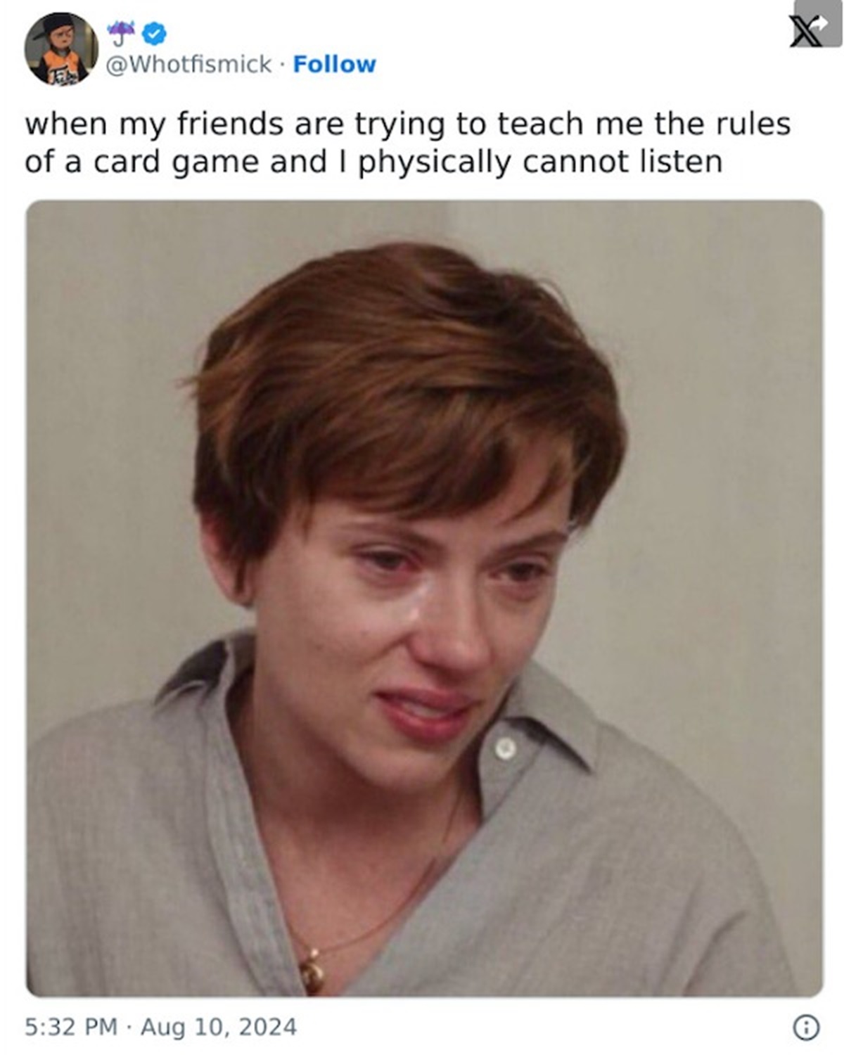 scarlett johansson meme marriage story - . when my friends are trying to teach me the rules of a card game and I physically cannot listen