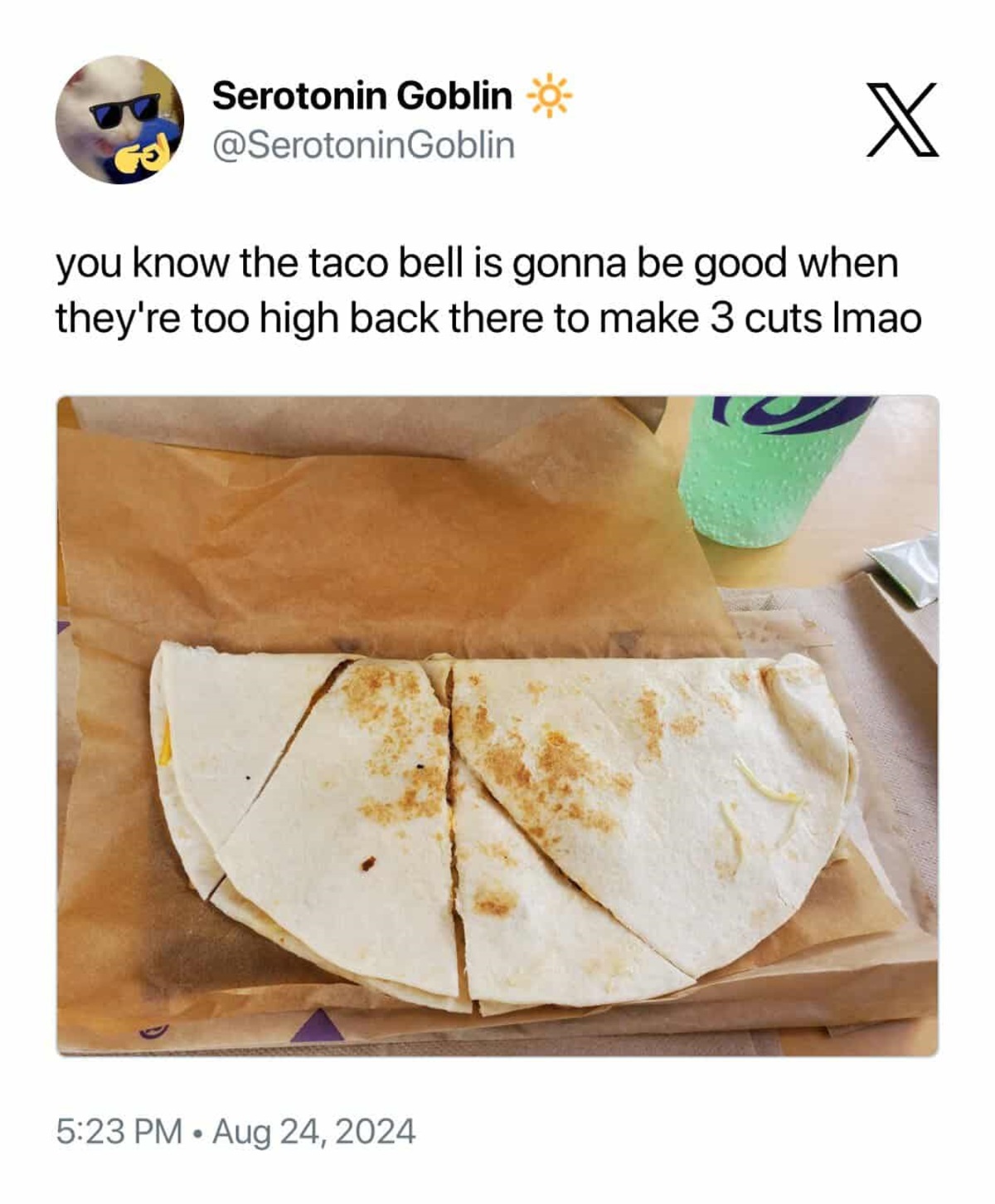 tortilla - Serotonin Goblin X you know the taco bell is gonna be good when they're too high back there to make 3 cuts Imao