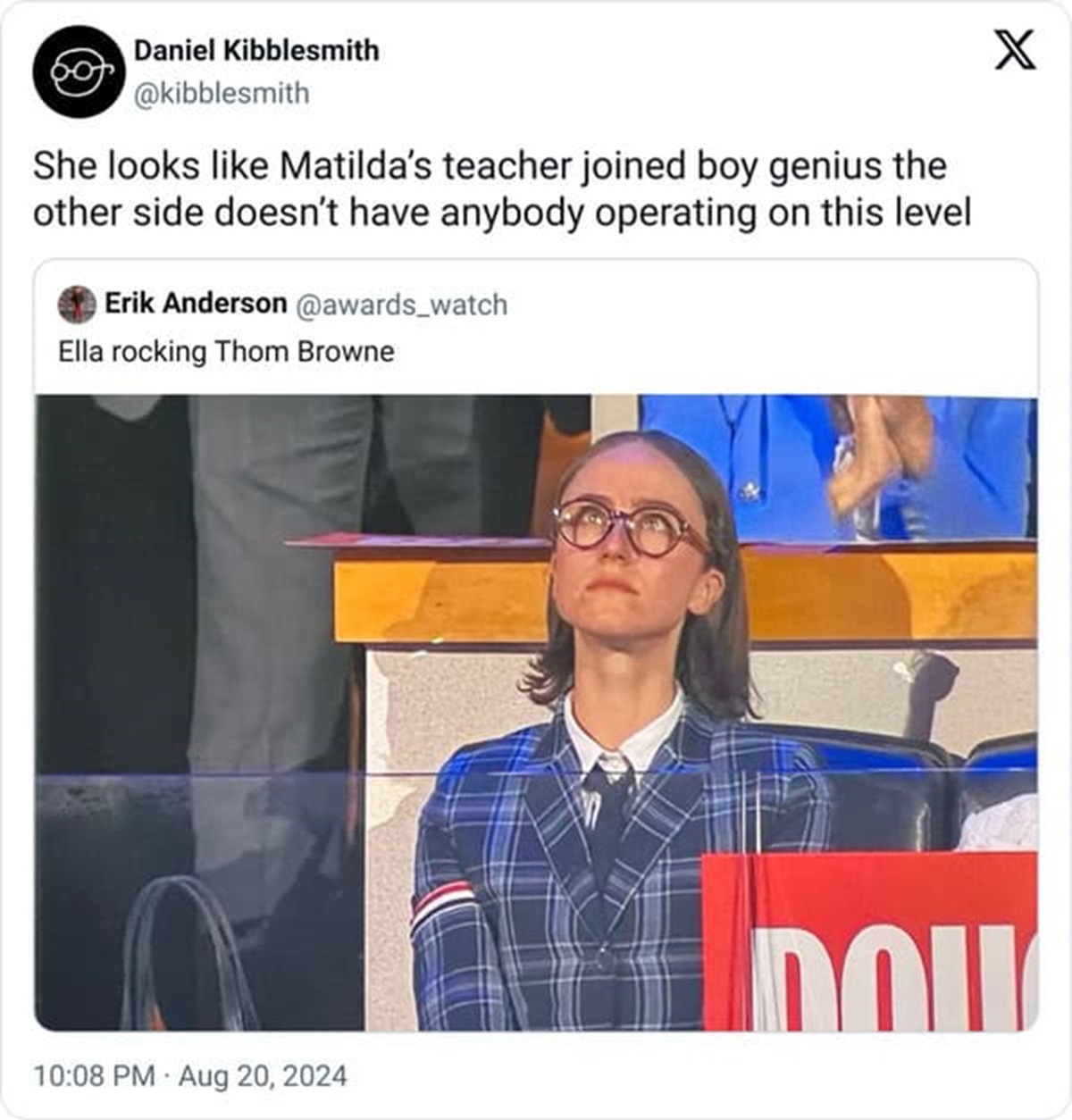 screenshot - Daniel Kibblesmith She looks Matilda's teacher joined boy genius the other side doesn't have anybody operating on this level Erik Anderson Ella rocking Thom Browne X