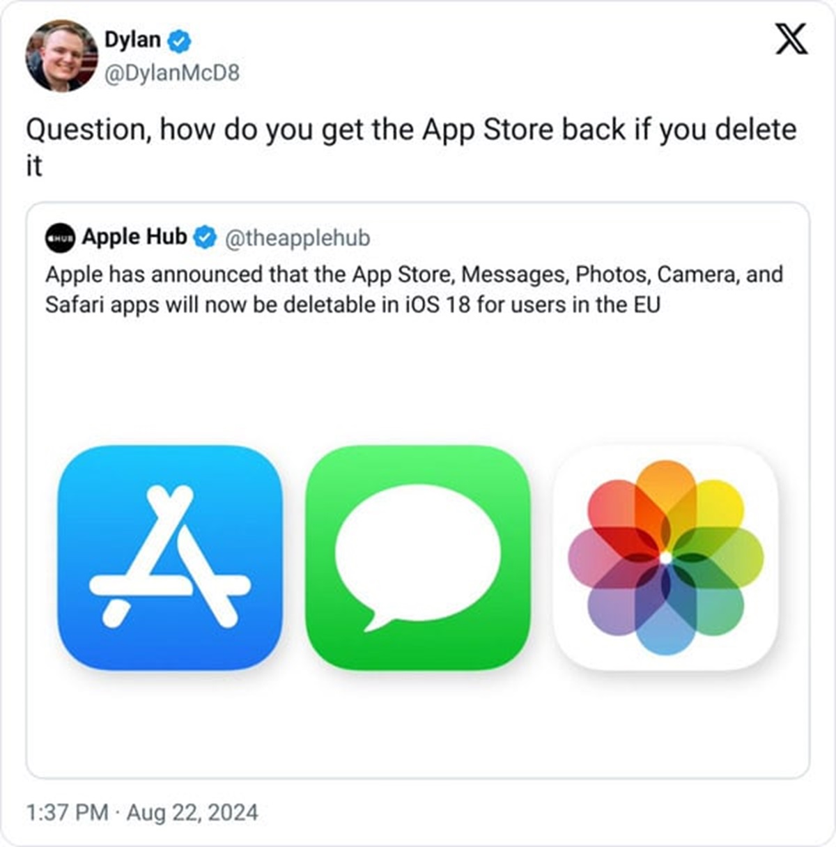 web page - Dylan X Question, how do you get the App Store back if you delete. it Hub Apple Hub Apple has announced that the App Store, Messages, Photos, Camera, and Safari apps will now be deletable in iOS 18 for users in the Eu A O