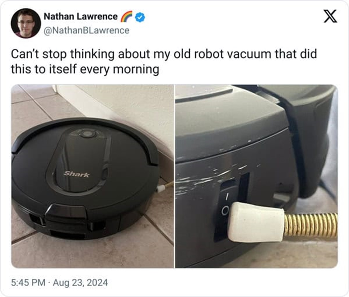 electronics - Nathan Lawrence Can't stop thinking about my old robot vacuum that did this to itself every morning Shark I O X