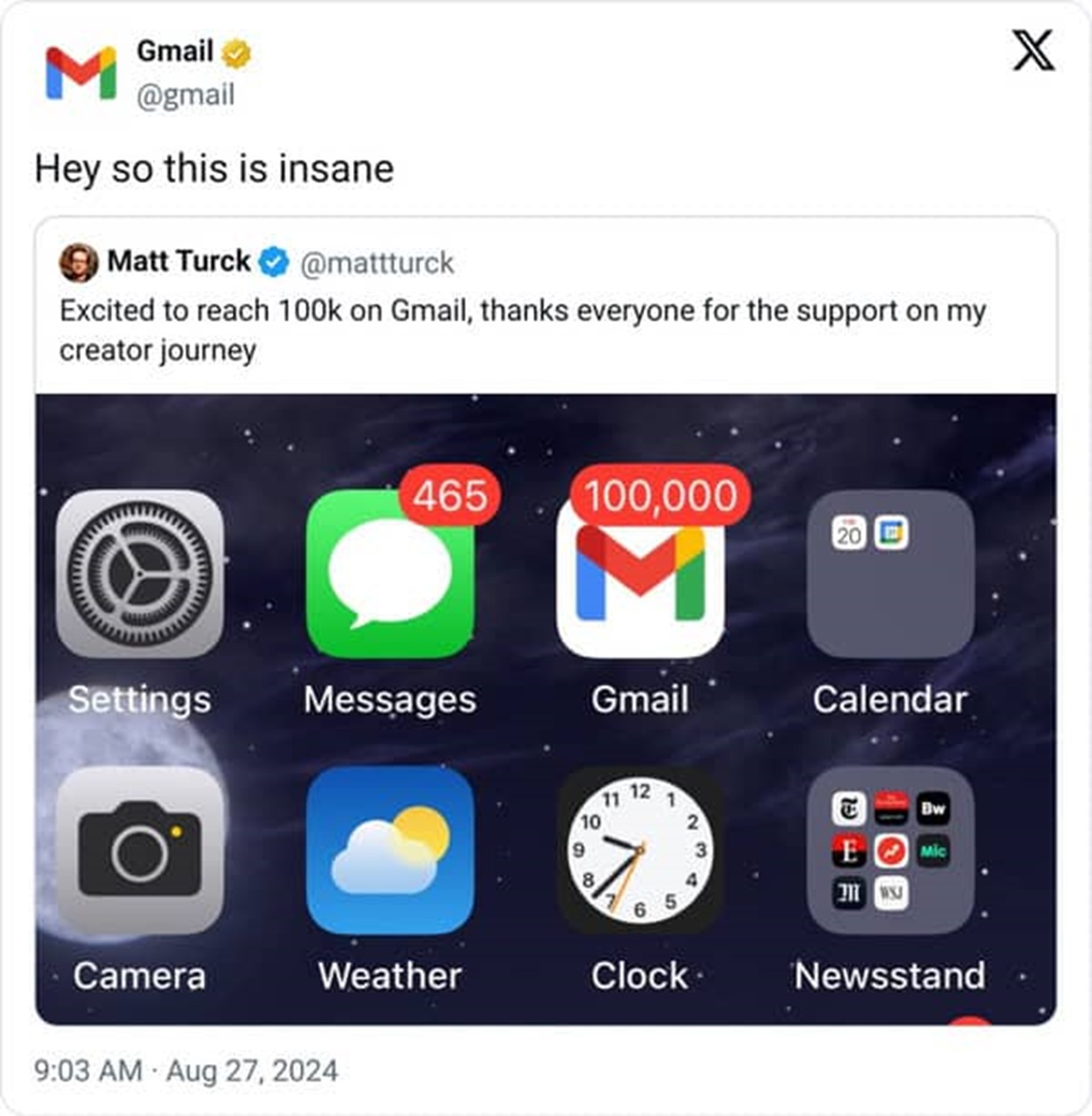 Matt Turck - Gmail Hey so this is insane Matt Turck Excited to reach on Gmail, thanks everyone for the support on my creator journey 465 100,000 20 X Settings Messages Gmail Calendar Camera Weather 11 12 1 10 9 8 Lc Clock E Mic Newsstand