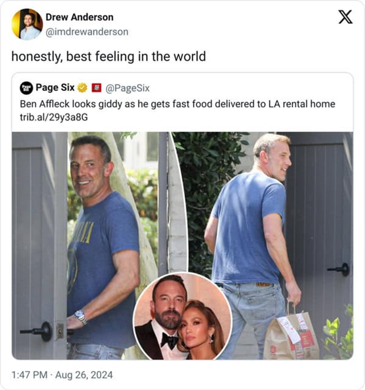 screenshot - Drew Anderson honestly, best feeling in the world Page Six Ben Affleck looks giddy as he gets fast food delivered to La rental home trib.al29y3a8G X