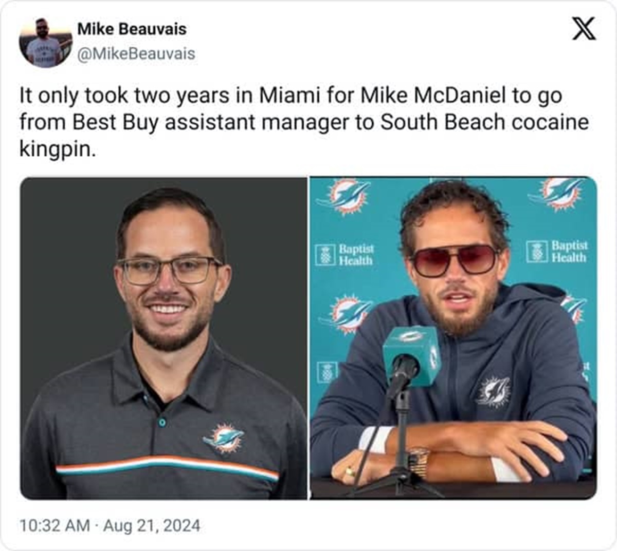 mike mcdaniel - Mike Beauvais X It only took two years in Miami for Mike McDaniel to go from Best Buy assistant manager to South Beach cocaine. kingpin. Baptist Health B Baptist Health