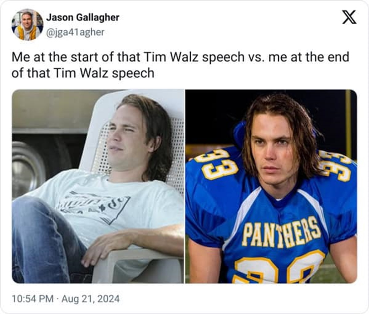 tim riggins friday night lights - Jason Gallagher X Me at the start of that Tim Walz speech vs. me at the end of that Tim Walz speech Panthers