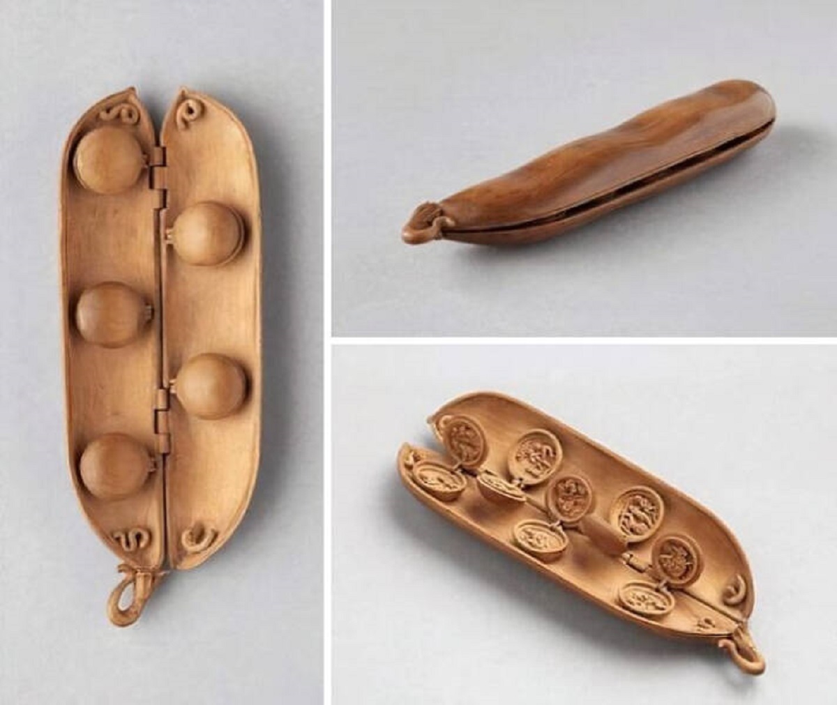 "This Tiny Boxwood Peapod (10 Cm) Was Carved In C. 1500 By A North German Artist. It Opens To Reveal Little Peas, And Then Those Peas Open To Reveal Ten Little Carved Scenes From Genesis"