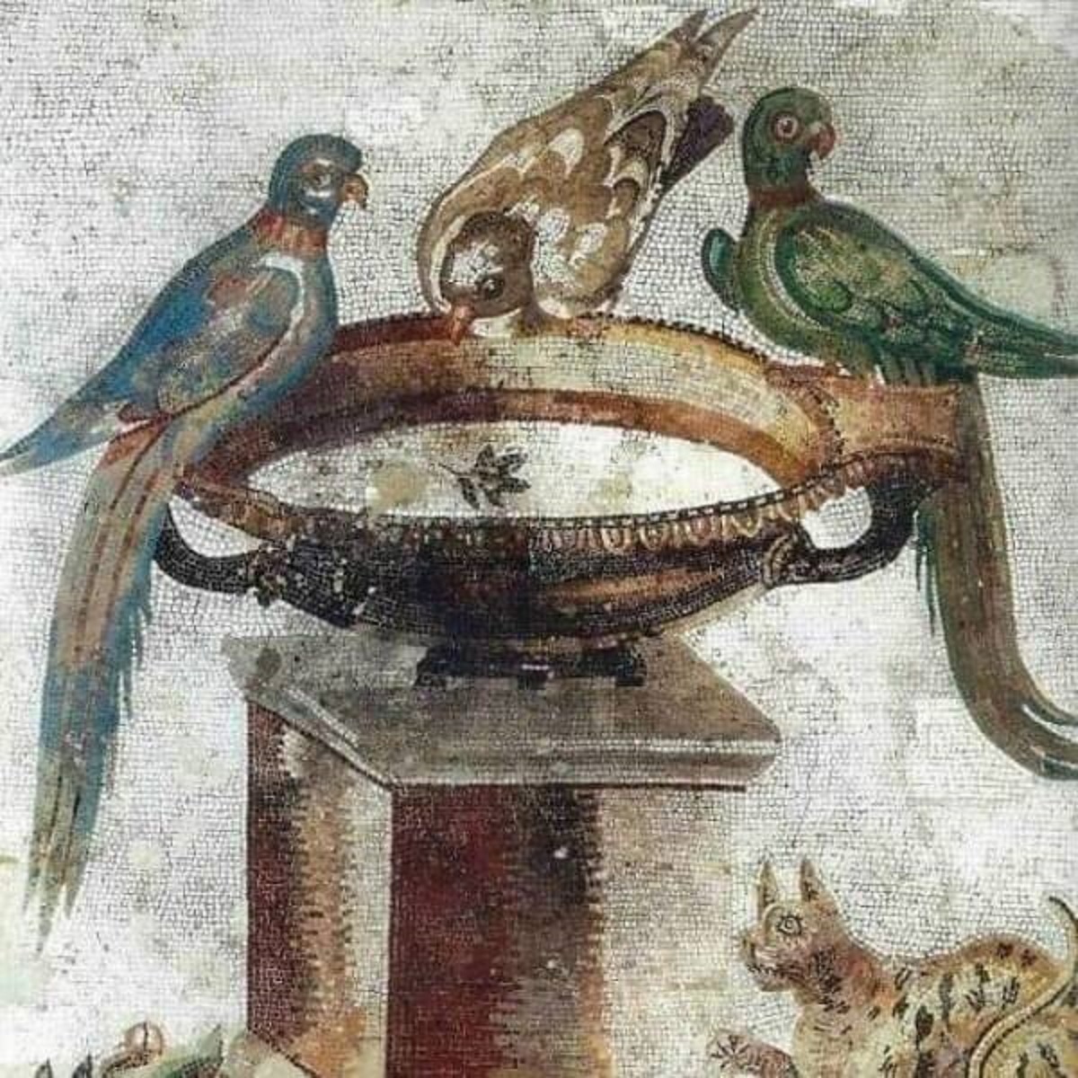 "A 1st Century Ad, Roman Mosaic With Parrots And Dove Drinking From A Fountain And A Lurking Cat, Found In Santa Maria Capua Vetere, Italy"