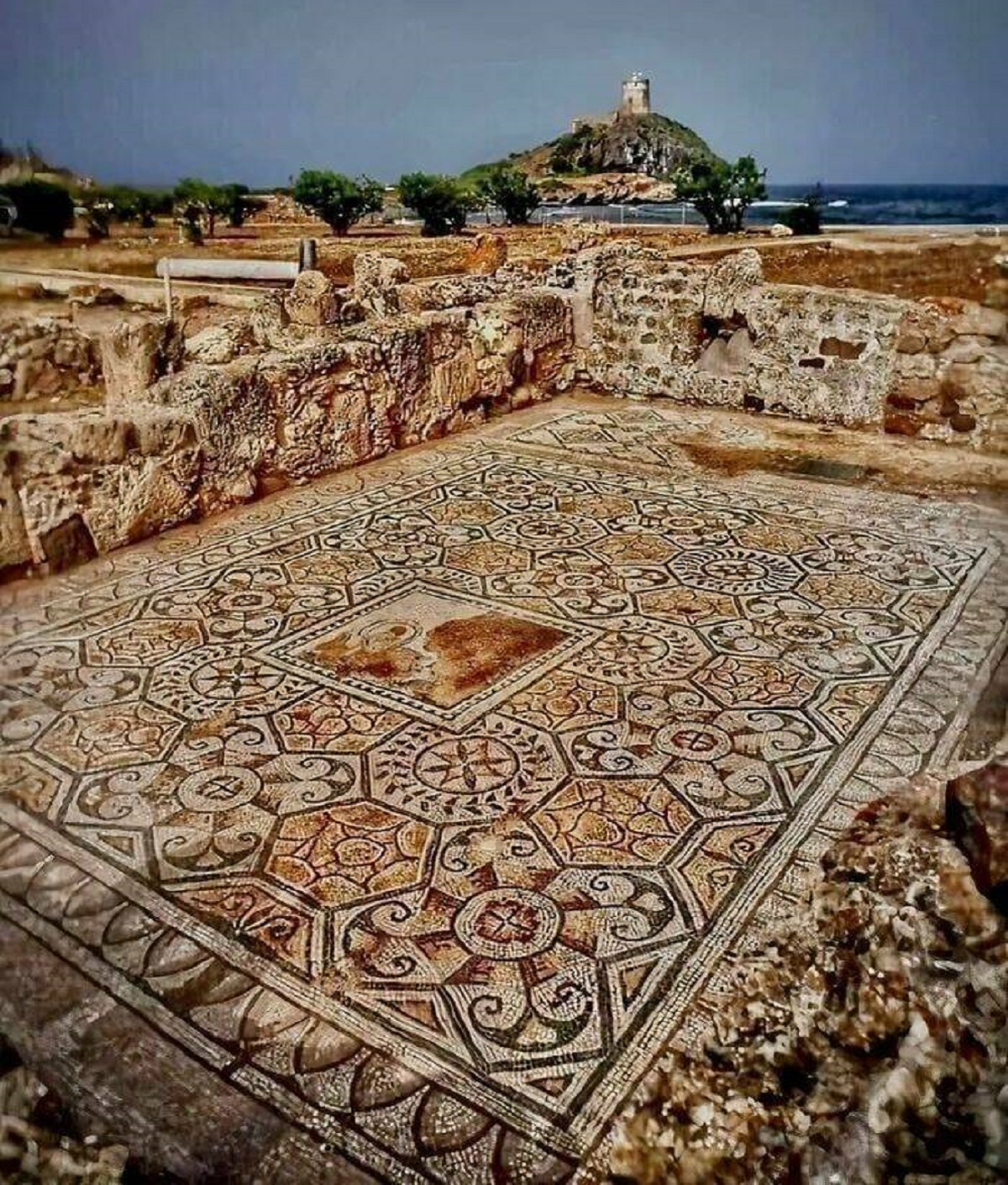 "Roman Mosaic At The House Of The Tetrastyle In Pula Archaeological Park In Nora, Sardinia, Italy. 2nd C. Ad"